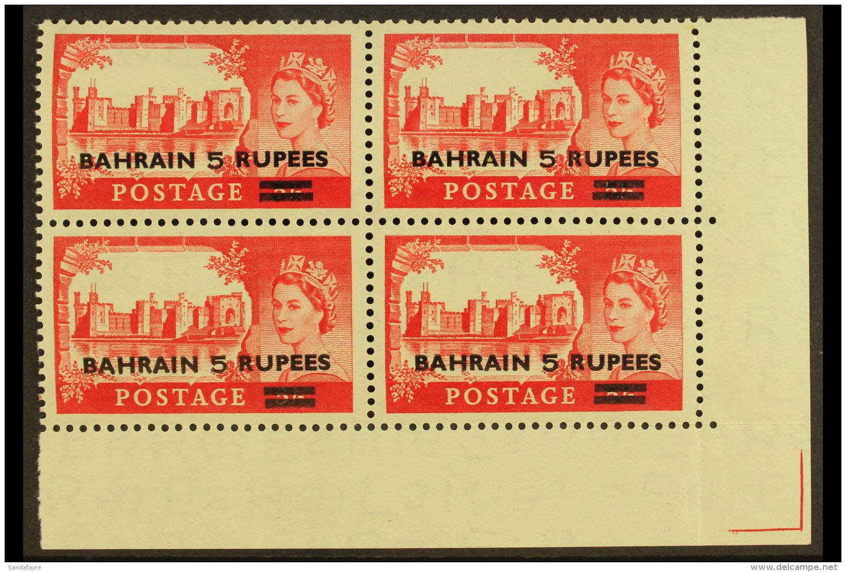 1955-60  5r On 5s Rose Red (Type I), SG 95, Never Hinged Mint Lower Right Corner Block Of 4. For More Images,... - Bahrein (...-1965)