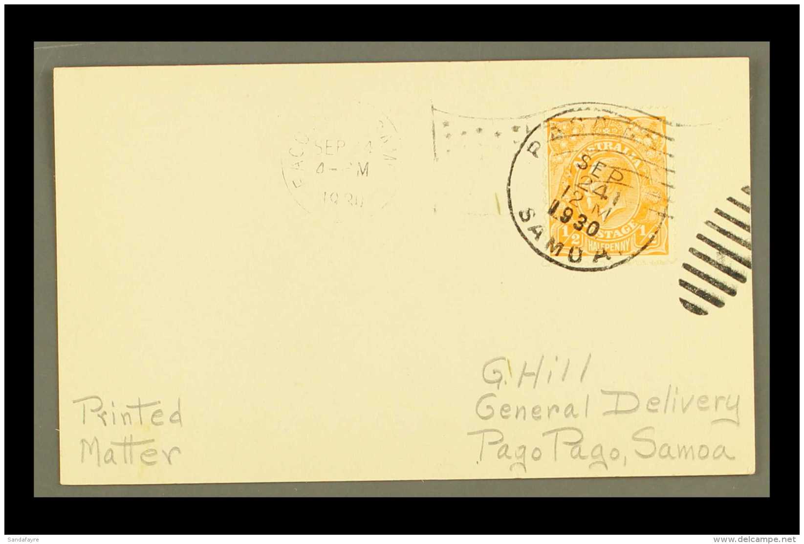 USED IN AMERICAN SAMOA  1930 Plain Postcard Endorsed "Printed Matter," Franked &frac12;d Orange KGV Head,... - Otros & Sin Clasificación