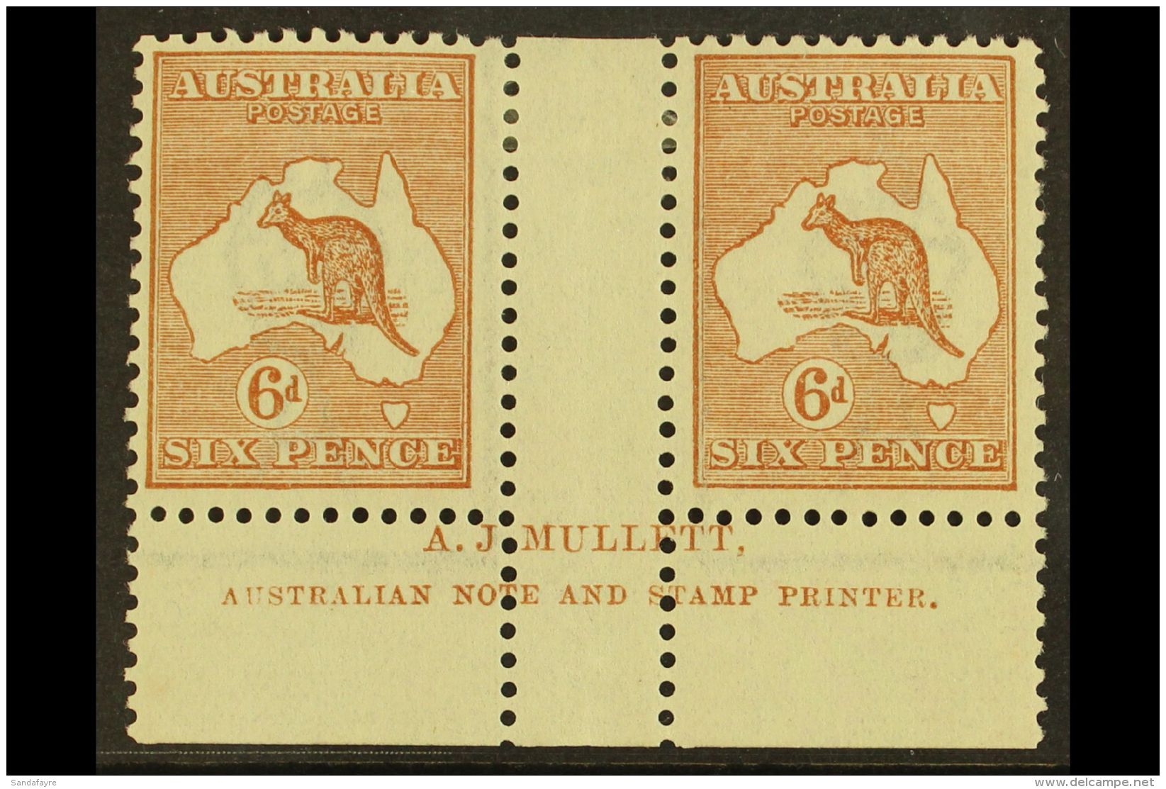 1923-24  6d Chestnut Kangaroo, SG 73, MULLETT Imprint Gutter Pair From Plate 4, BW Spec 21zc, Very Fine Mint. For... - Otros & Sin Clasificación