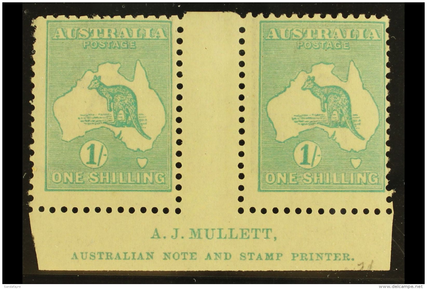 1915-27  1s Blue-green 'Roo, Die IIB, SG 40b, Lower Marginal Gutter Pair With "A.J. MULLETT" Inscription, Never... - Sonstige & Ohne Zuordnung