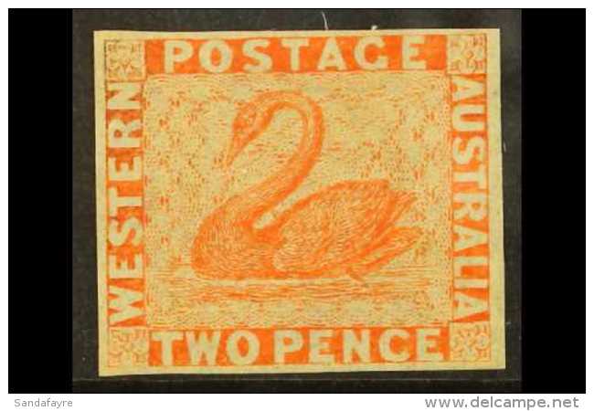 WESTERN AUSTRALIA  1861 2d Orange-vermilion Imperf, SG 25, Superb Unused No Gum, Four Good To Large Margins, Very... - Sonstige & Ohne Zuordnung