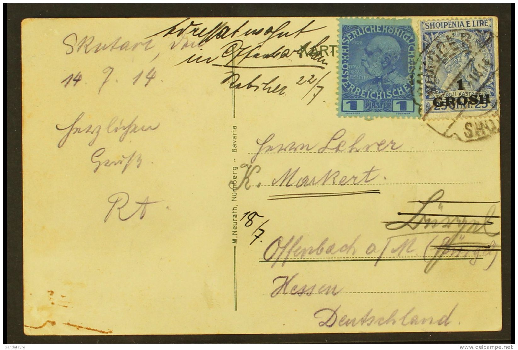 1914 MIXED FRANKING.  (17 July) Picture Postcard To Germany, Redirected, Bearing Austrian PO's In Turkey 1914 1pi... - Albania