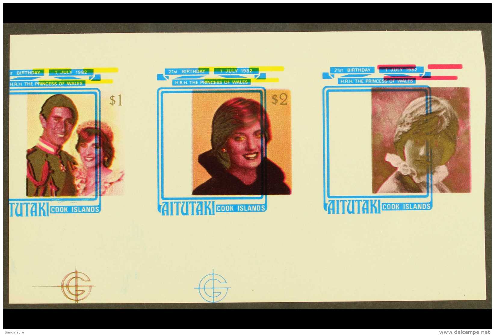 1982 IMPERF PLATE PROOFS  21st Birthday Of Diana Princes Of Wales, SG 411/413, Scott 262/64, Collective Single... - Aitutaki