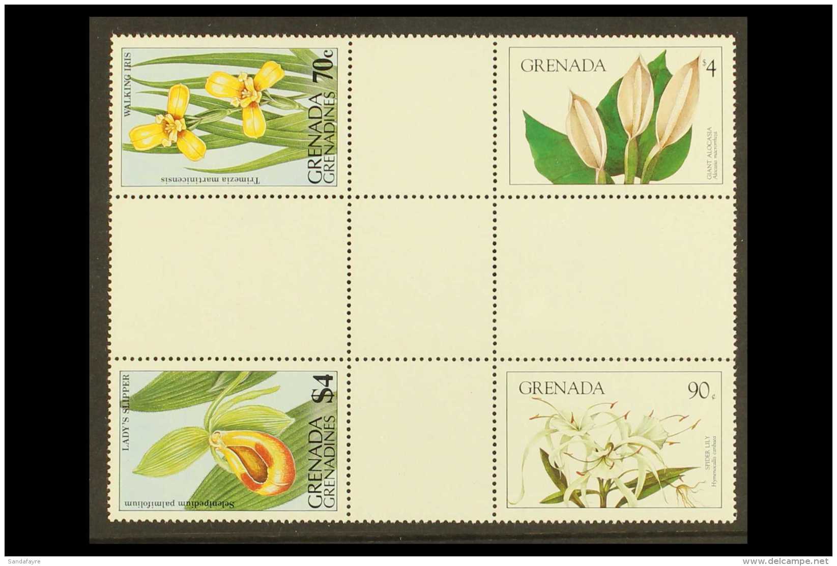 FLOWERS - RARE CROSS GUTTER BLOCK OF FOUR  Grenada 1984 Flowers 90c (Spider Lily) And $4 (Giant Alocosa), SG... - Ohne Zuordnung