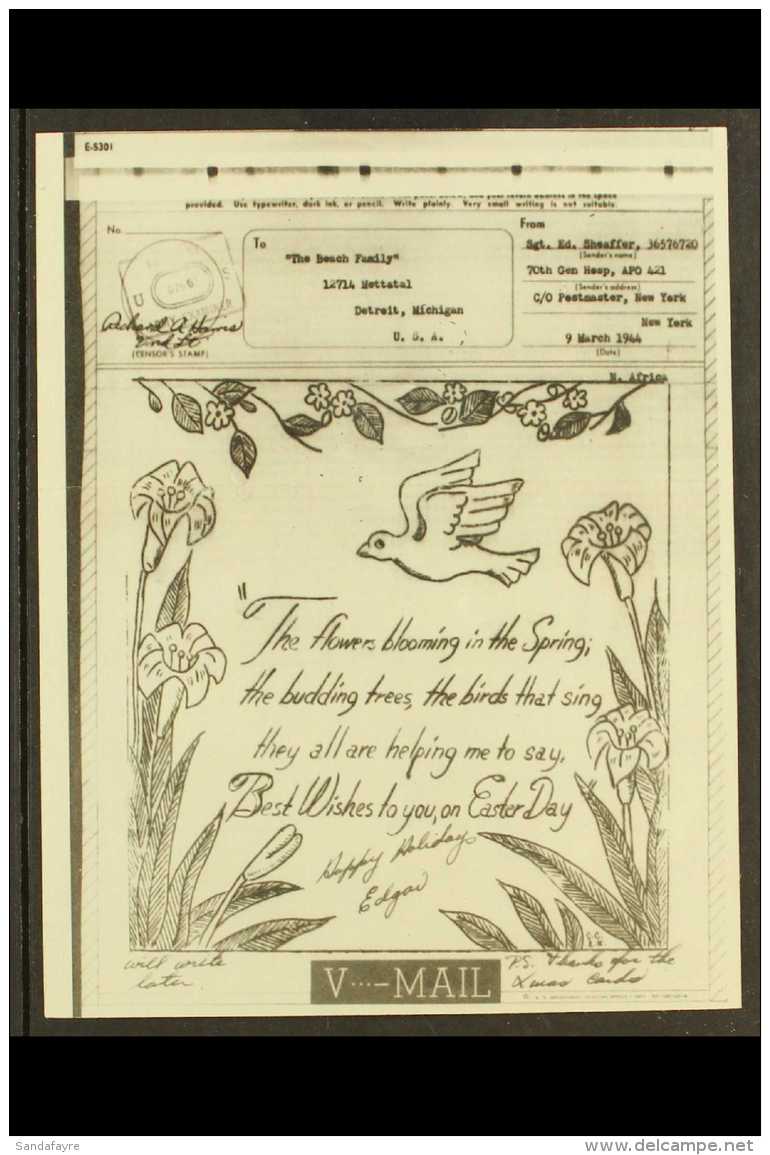 BIRDS AND FLOWERS  United States 1944 (9 March) V-Mail From 70th Gen Hospital, Algeria (APO 421) To Detroit With... - Ohne Zuordnung