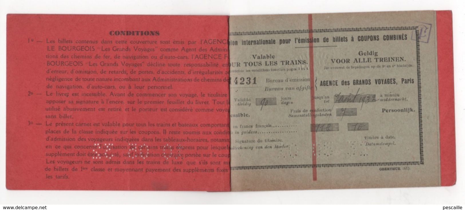 1932 - CARNET A COUPONS COMBINES TRAIN NAVIGATION AVIATION AUTOMOBILE - AGENCE F LE BOURGEOIS LES GRANDS VOYAGES - PARIS - Autres & Non Classés