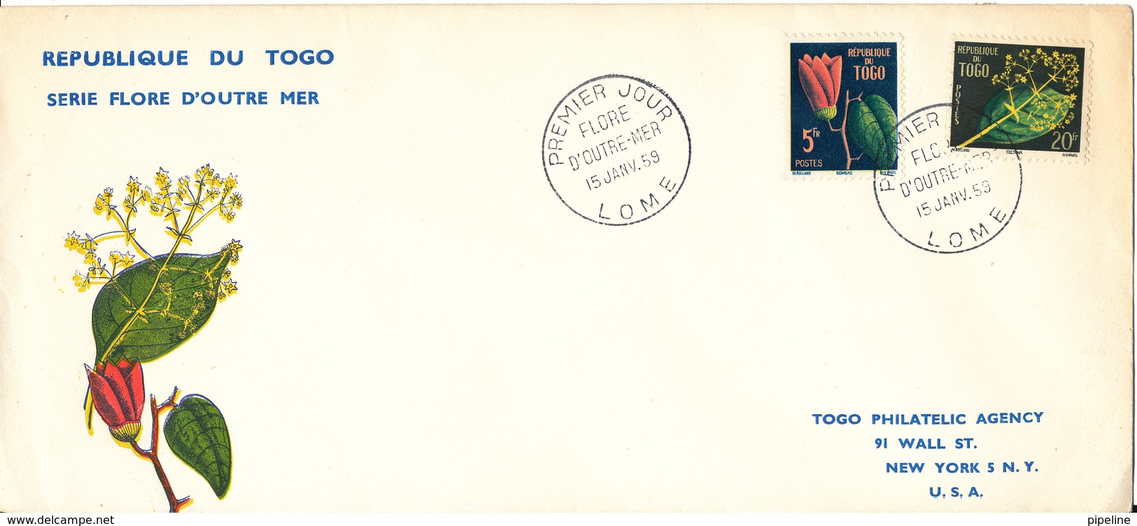 Togo FDC 15-1-1959 Flowers With Cachet And Sent To USA - Brieven En Documenten