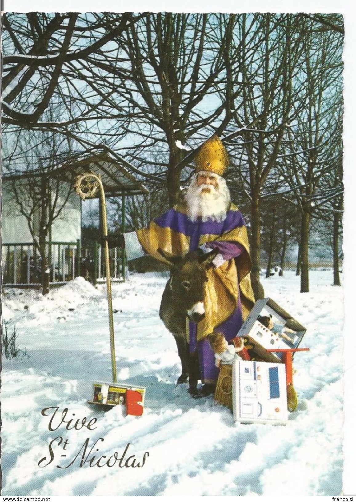 Vive Saint-Nicolas. Le Saint, Mitre, Crosse Et âne, Cadeaux Dans La Neige. - Nikolaus