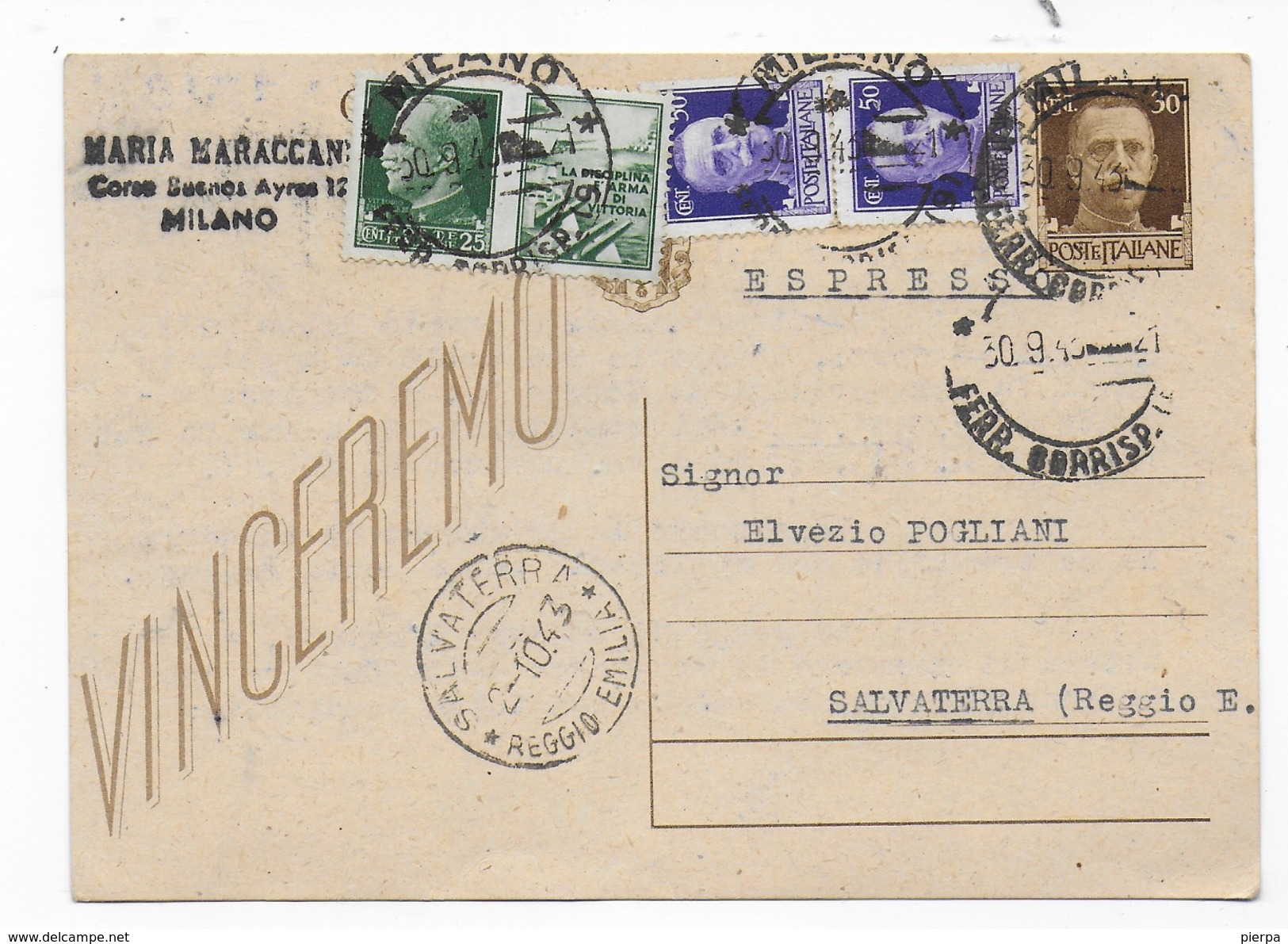 STORIA POSTALE R.S.I. - INTERO POSTALE ESPRESSO DA MILANO 30.09 1943 PER SALVATERRA (RE) AFFRANCATURA  TRICOLORE - Marcofilía