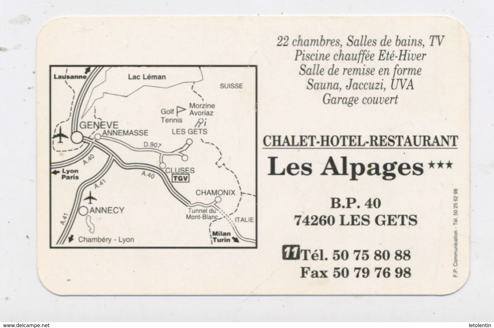 CHALET HOTEL RESTAURANT "LES ALPAGES" LE GETS Edit:   FORMAT  5,5 X 8,5 - Cartes De Visite