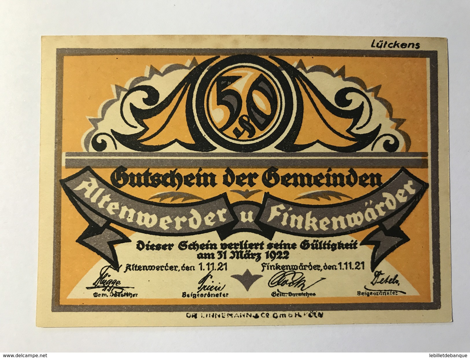 Allemagne Notgeld Altenwerder 50 Pfennig - Collections