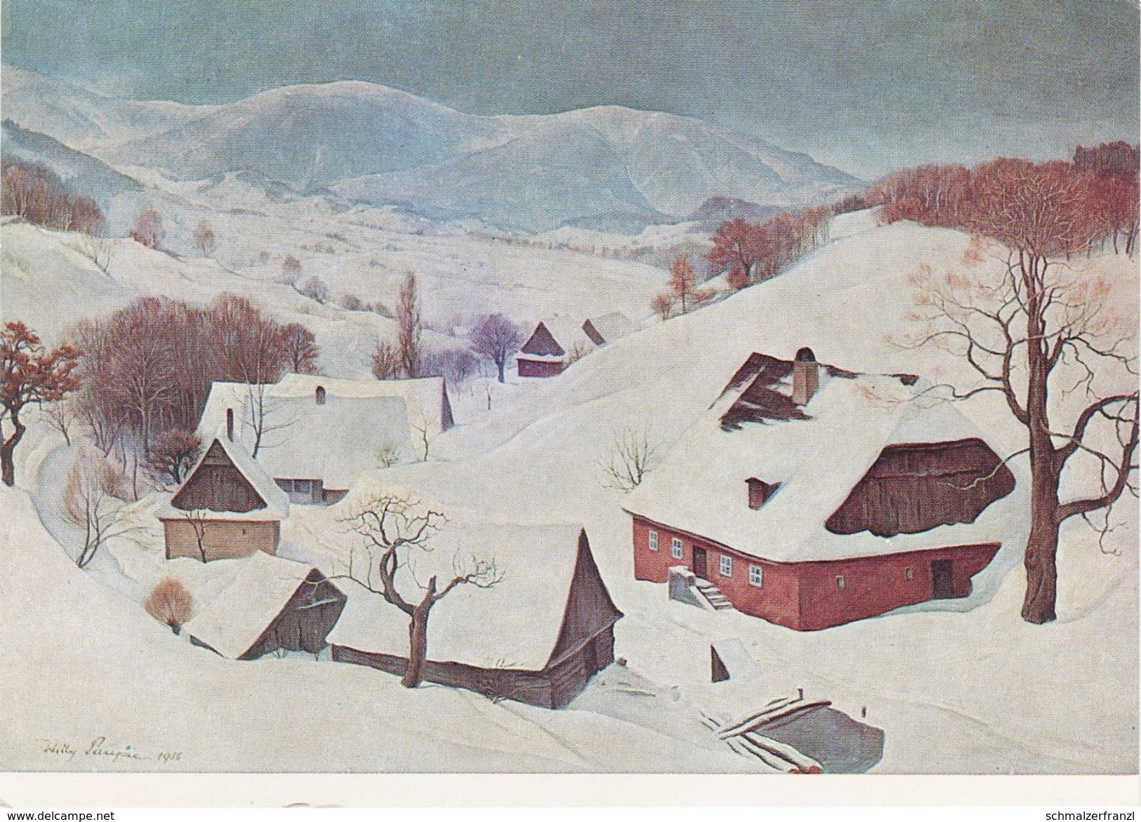 Künstlerkarte AK Altvaterland Im Winter 1956 Dorf Altvatergebirge Jesenik Willi Paupie Ostdeutsche Galerie Regensburg - Sudeten