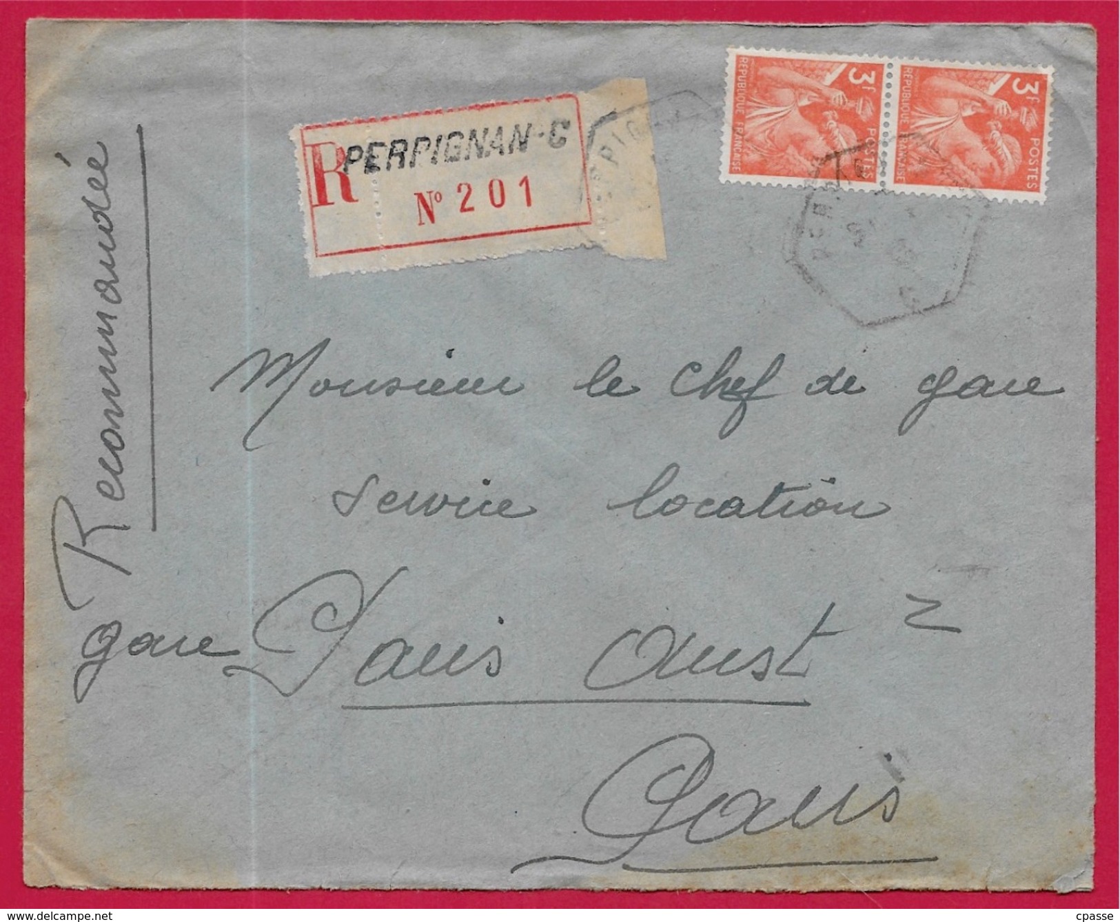 Lettre Recommandée De 66 PERPIGNAN-C à Paris - Affranchissement Avec Type IRIS (n° 655 YT X 2) En 1945 - Other & Unclassified