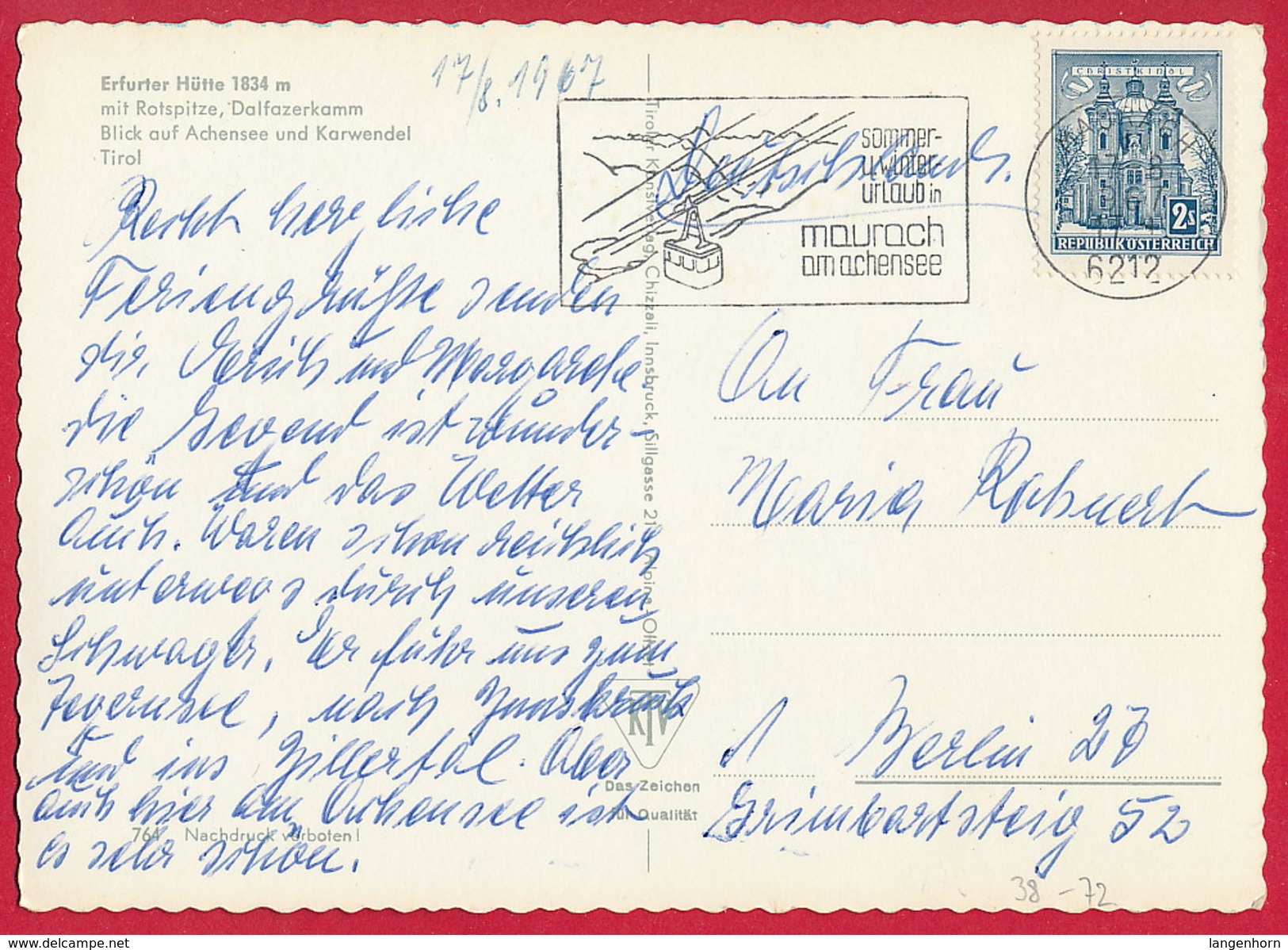 AK ÖSTERREICH 'Erfurter Hütte' (Achernsee) ~ Stempel 1967 - Achenseeorte