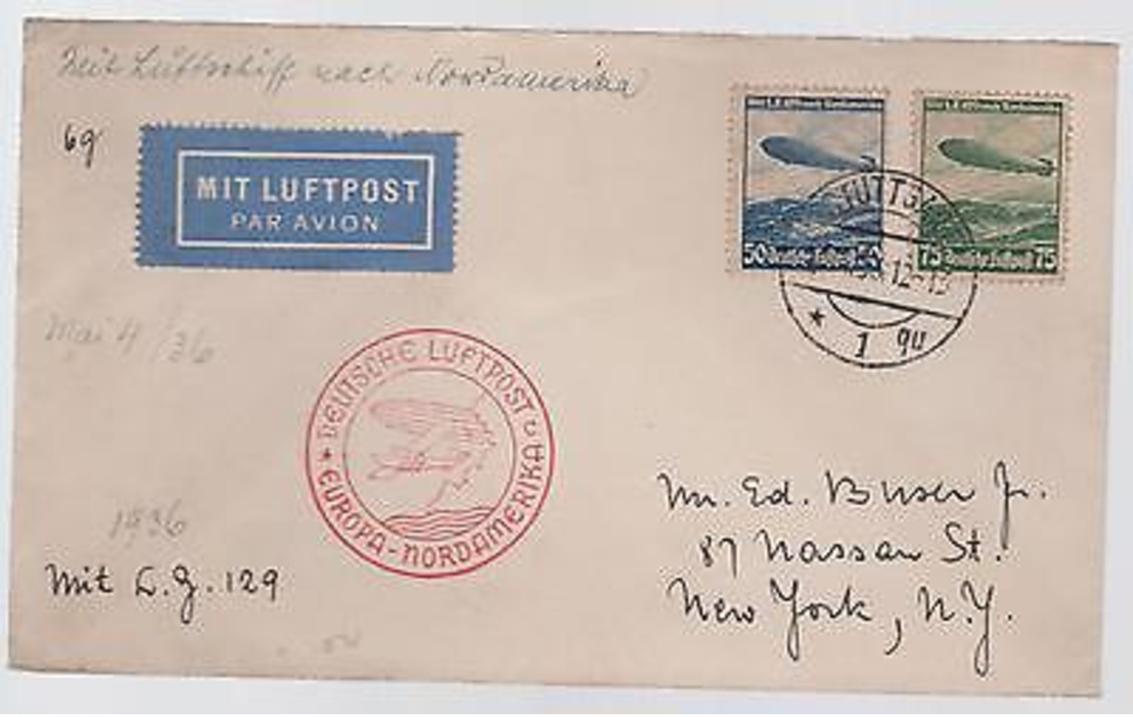 1936 Stuttgart Germany Hindenburg Zeppelin LZ 129 Cover To USA - Other & Unclassified