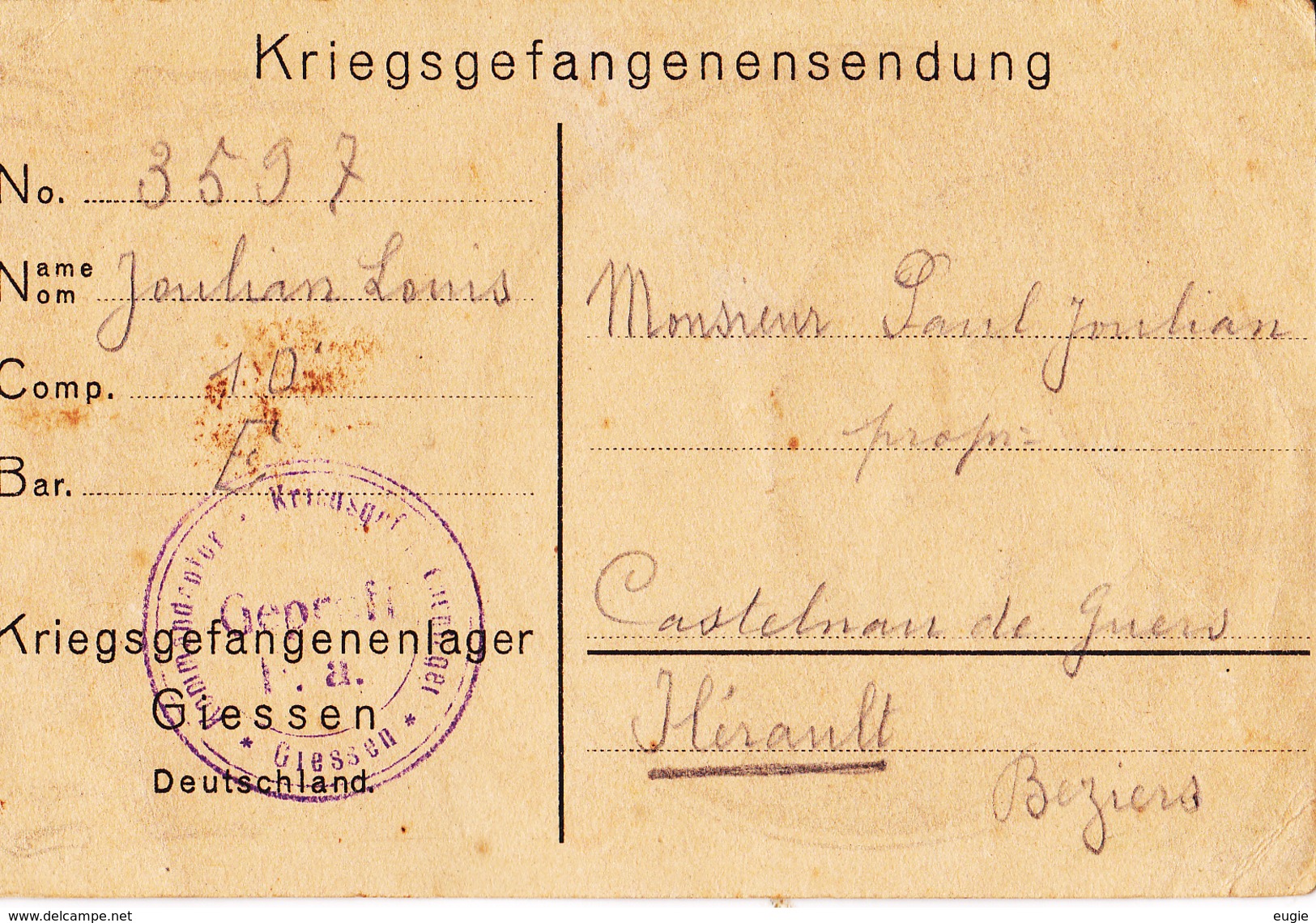 2327/ Greetings , Meilleurs Voeux Xmas - Noel 1916, Giessen, Kriegsgefangenensendung, Kriegsgefangenenlager Giessen - Andere & Zonder Classificatie