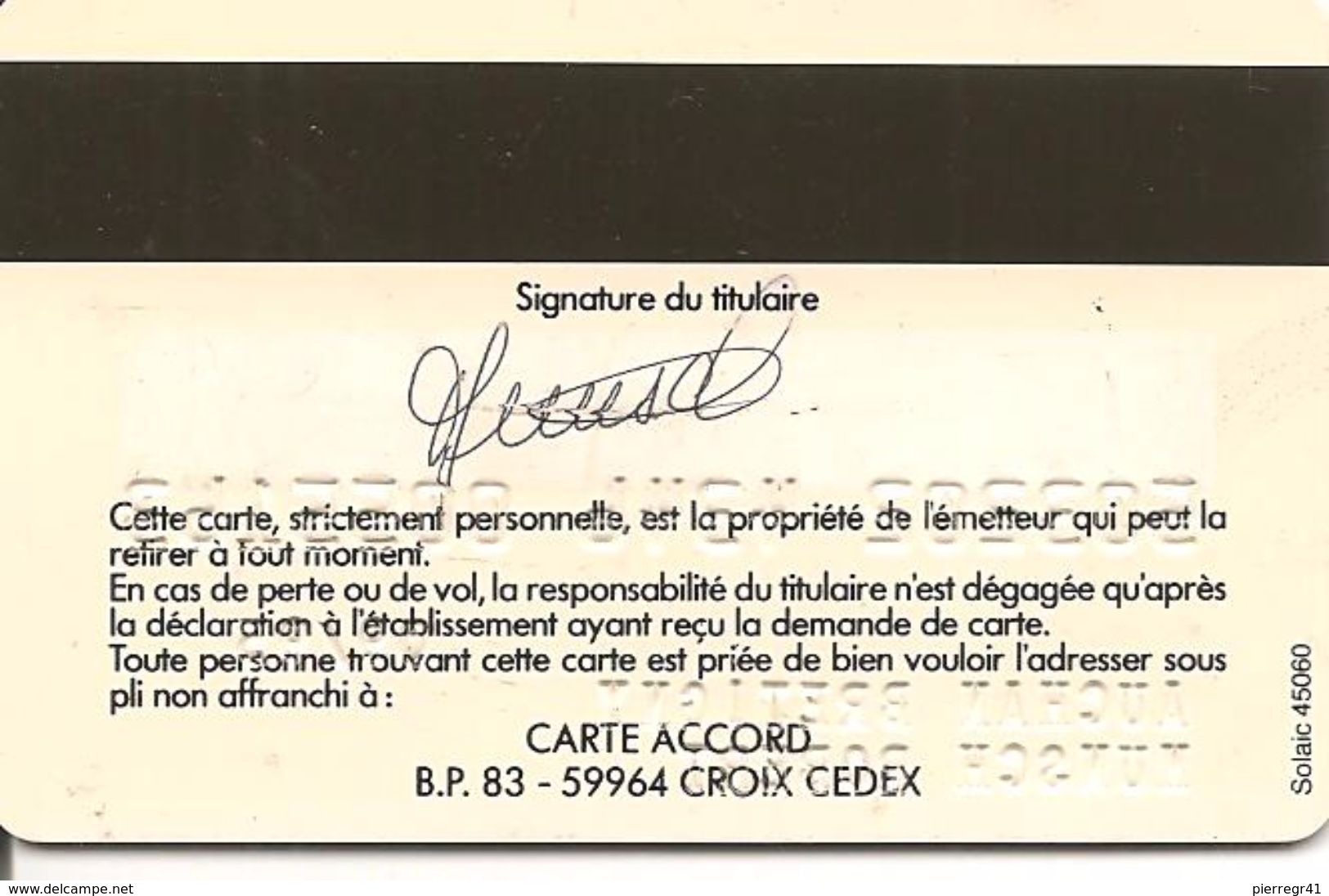 -CARTEç-MAGNETIQUE-FIDELITE ACCORD AUCHAN BRETIGNY-Exp 09/95-V°SOLAIC 45060-TBE-RARE - Cartes Bancaires Jetables