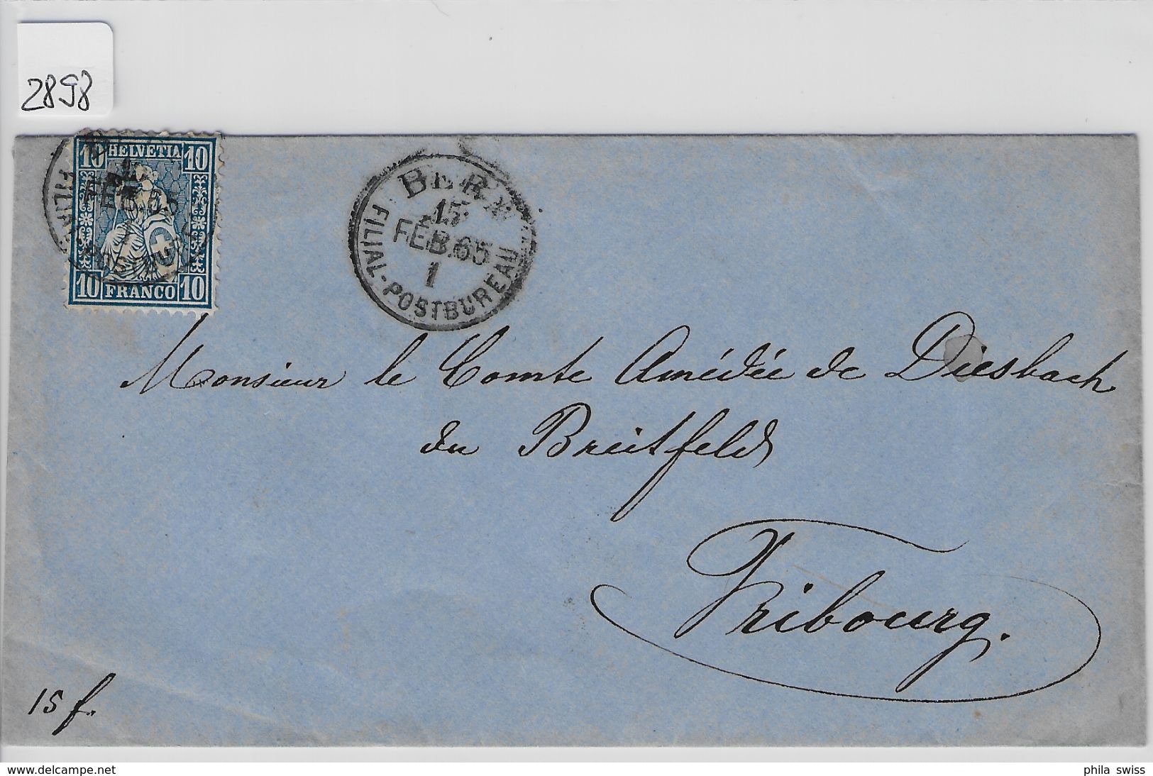 1865 Helvetia Helvtie 31/23 10c Blau - Stempel: Basel To Fribourg 15. Feb. 65 - Lettres & Documents