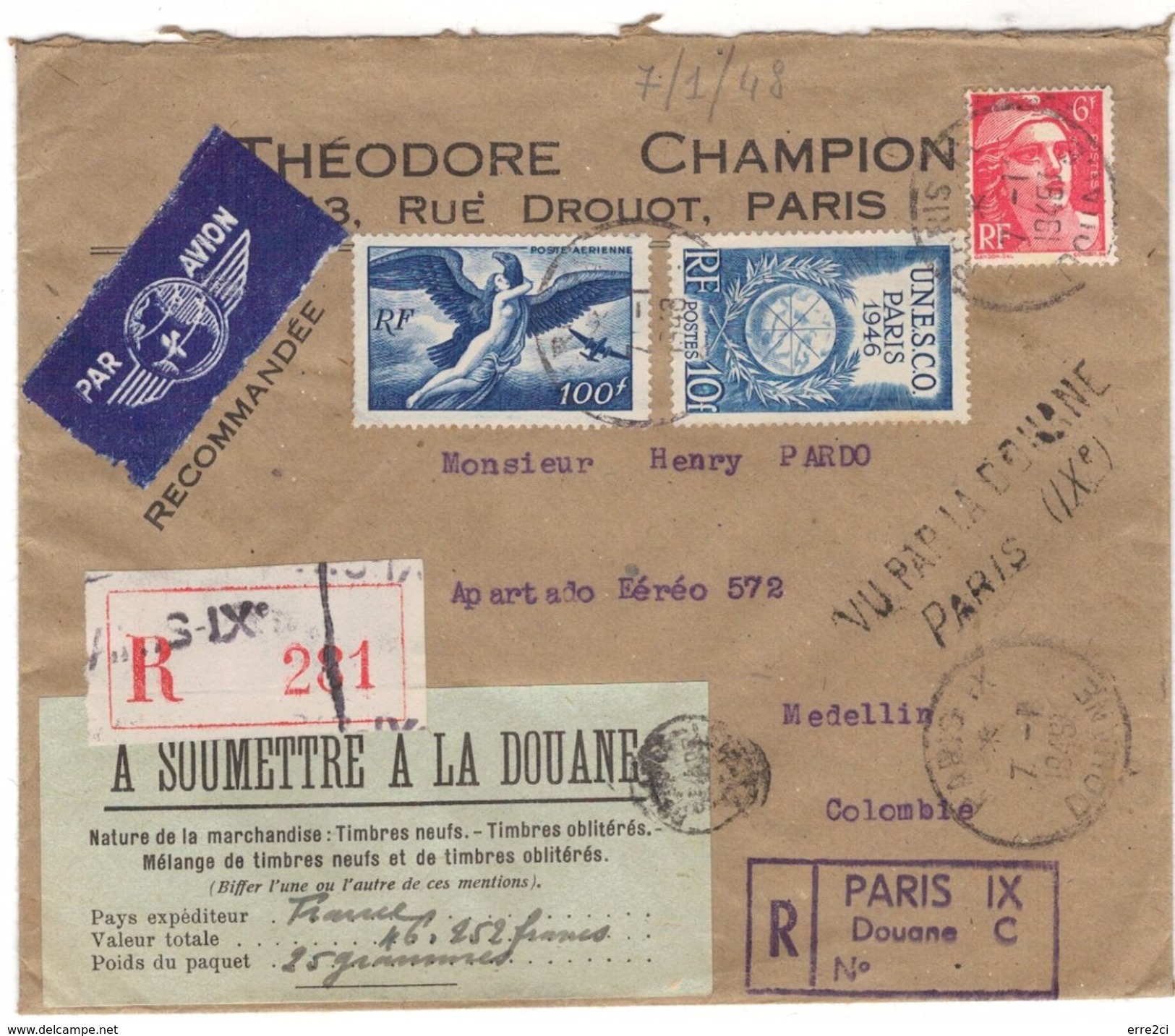 D680 - PAYT18 LETTRE 30GR RECO AVION DEST RARE COLOMBIE AU TARIF 116 FR (16+ 30X3) 7-1-48 - 1927-1959 Lettres & Documents