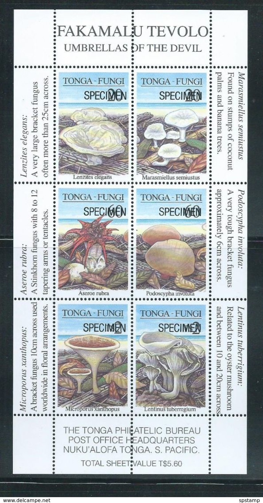 Tonga 1997 Mushroom & Fungi Miniature Sheet Of 3 Pairs Specimen Overprint MNH - Tonga (1970-...)
