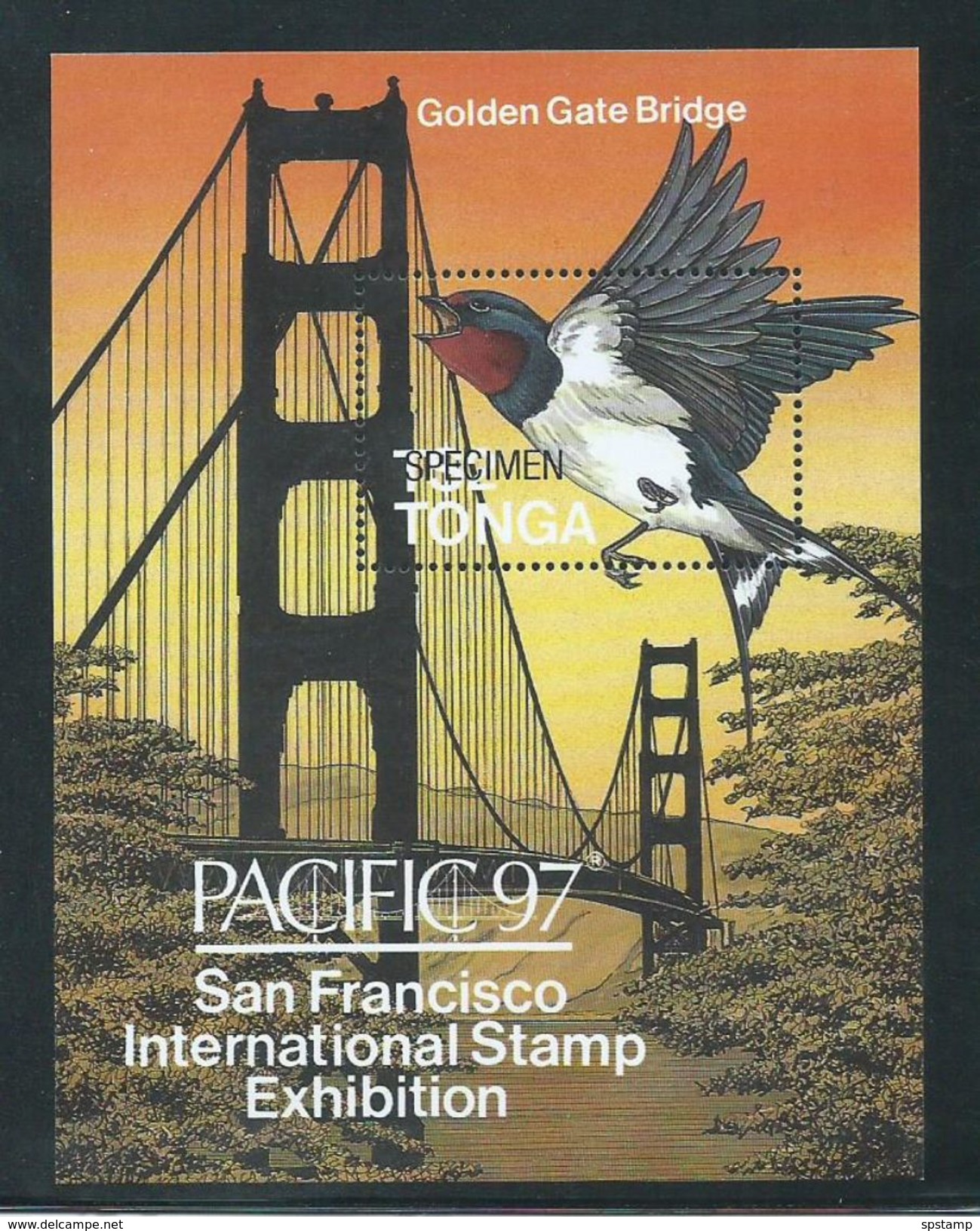 Tonga 1997 Pacific Swallow Over San Francisco Bridge Miniature Sheet Specimen Overprint MNH - Tonga (1970-...)