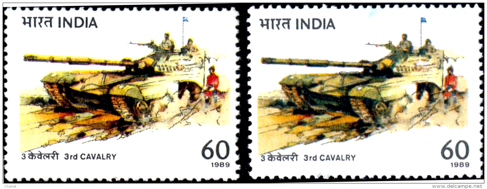 INDIAN ARMY-BATTLE TANLS-3rd CAVALRY-INDIA-1989-ERROR-YELLOW SHIFTED-RARE-MNH-H1-489 - Variétés Et Curiosités