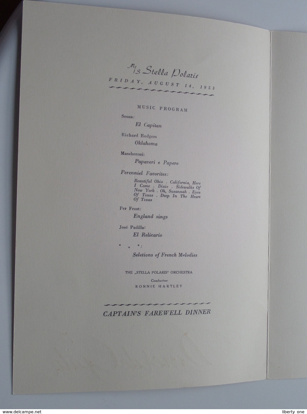 M/S STELLA POLARIS - DINER De GALA Friday August 14, 1953 ( + 2 Passenger Lists August 1953 ) ! - Menus