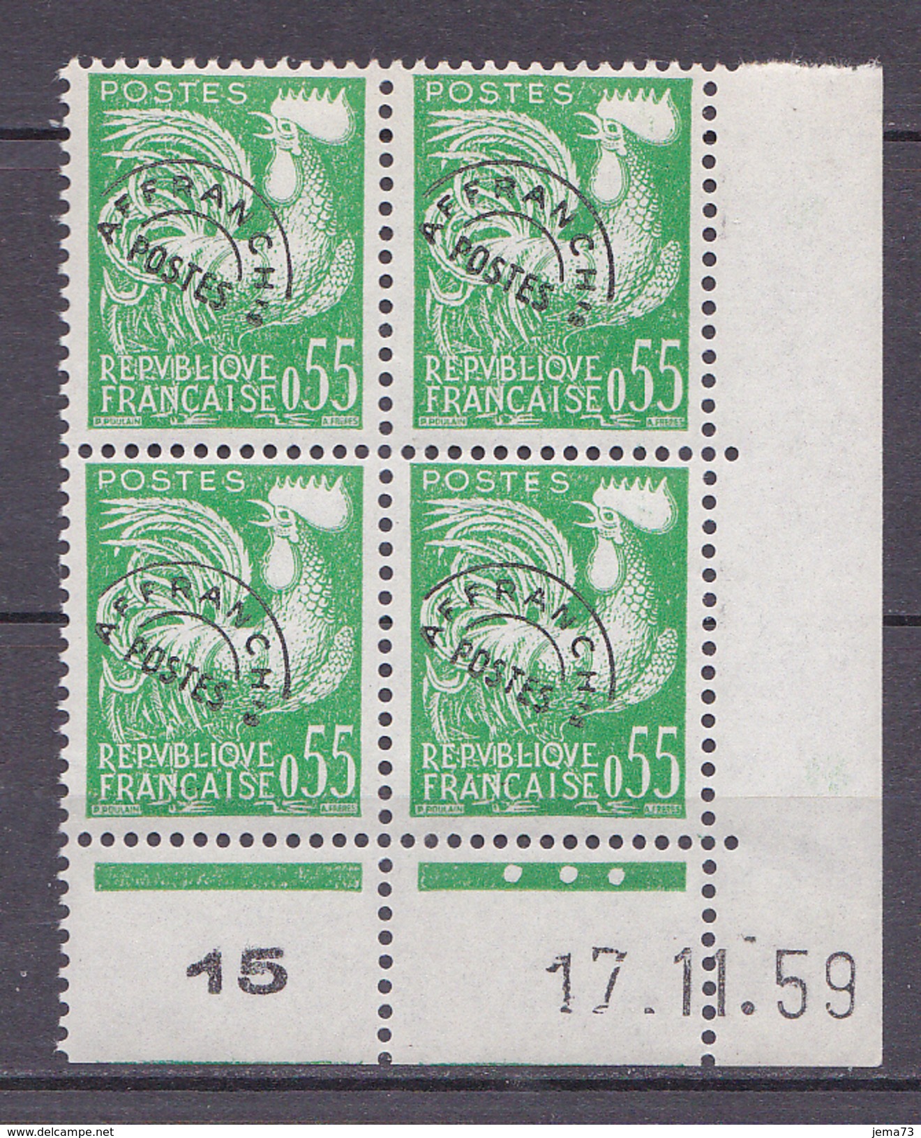 N° 122 Timbres  Préoblitérés Type Coq Gaulois: Bloc Coins Datés 17.11.59 Neuf Impeccable - Precancels