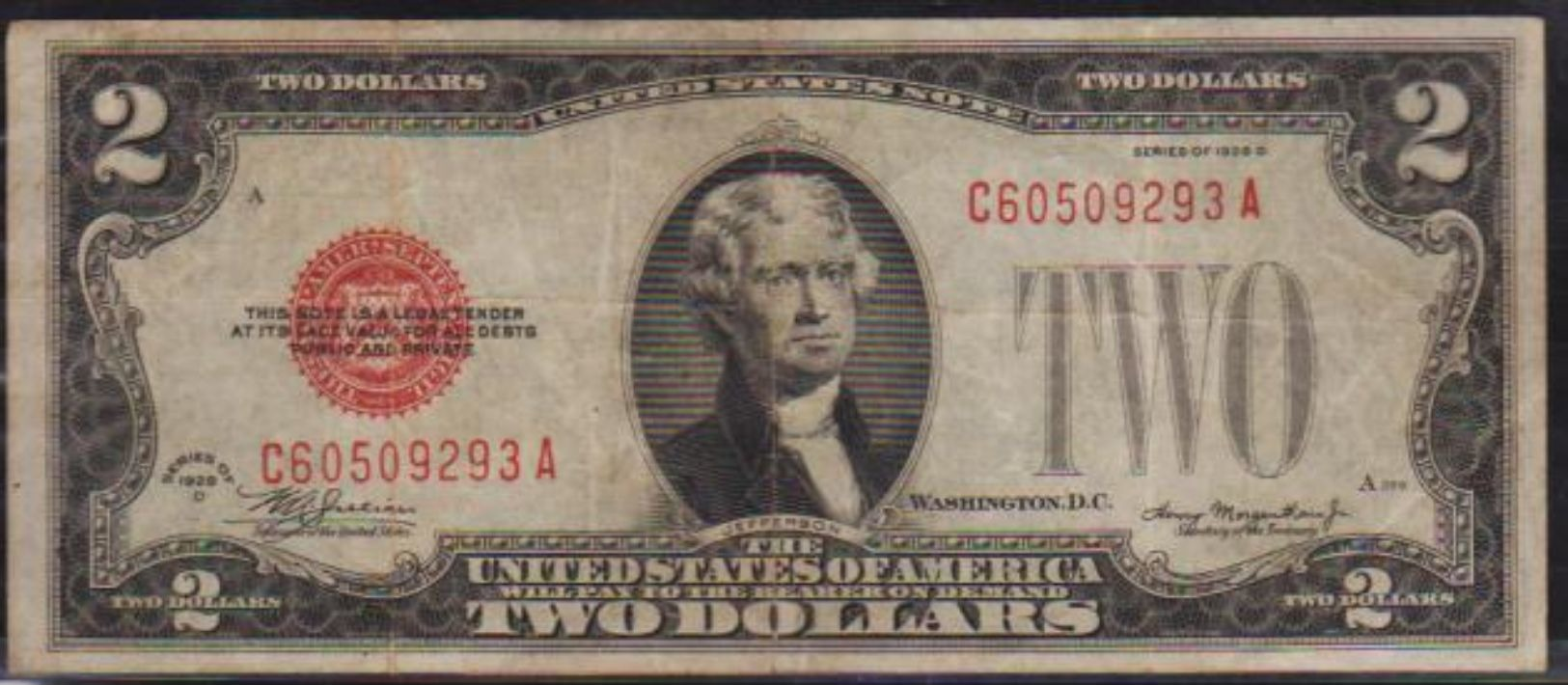 USD 1928D RED SEAL $2. UNITED STATES NOTE. LN A COLLECTIBLE GRADE.. - United States Notes (1928-1953)