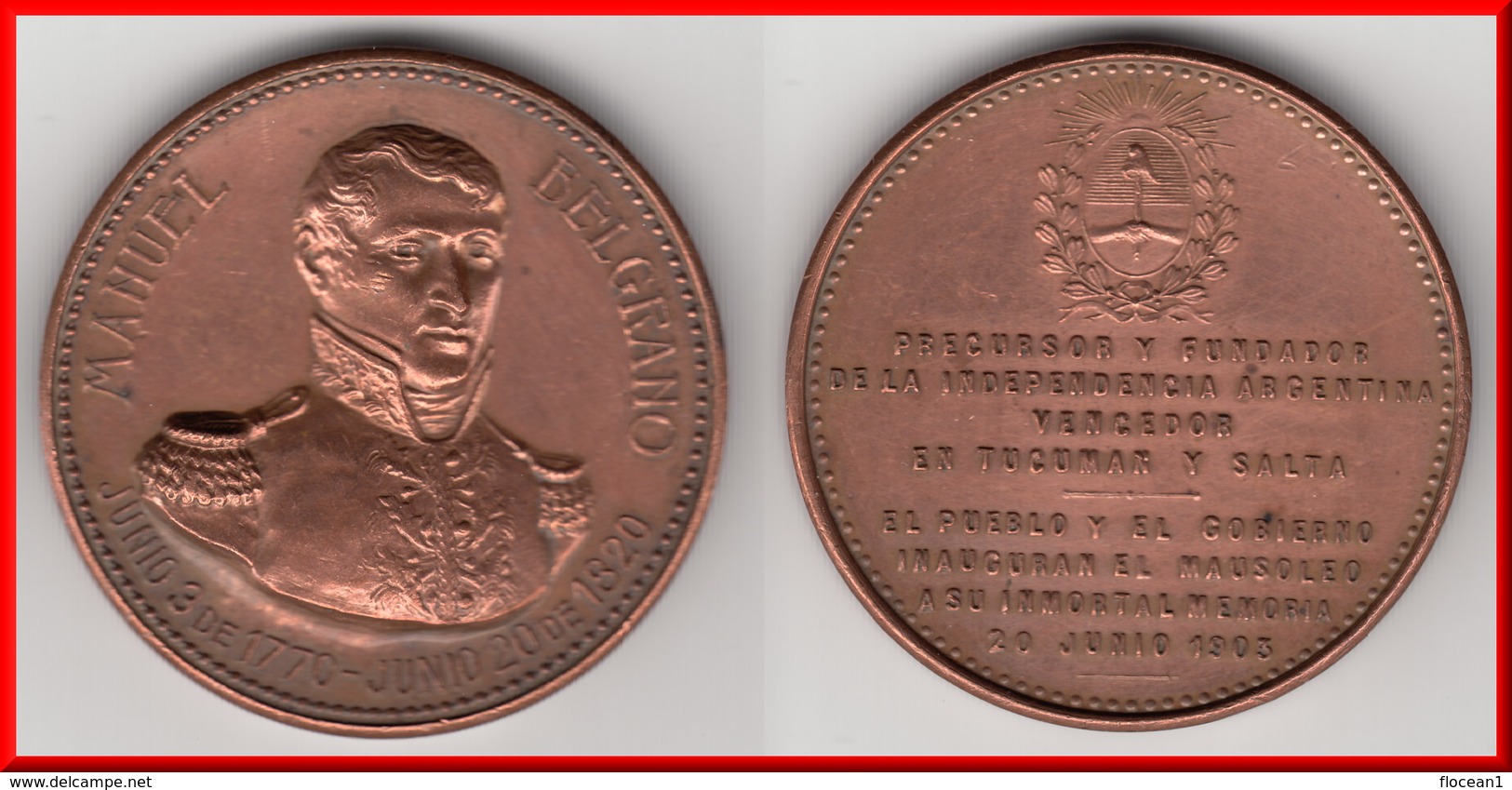 **** ARGENTINE -ARGENTINA - MEDAILLE - MEDAL - MANUEL BELGRANO 1820-1870 **** - Adel