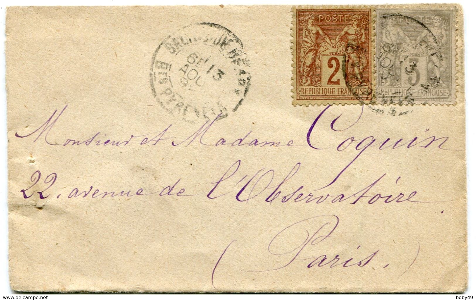 BASSES PYRENEES De SAUVETERRE DE BEARN Env. Du 13/08/1899 Avec SAGES N°85 Et 87 Oblitérés Oar Dateur A2 - 1877-1920: Semi Modern Period