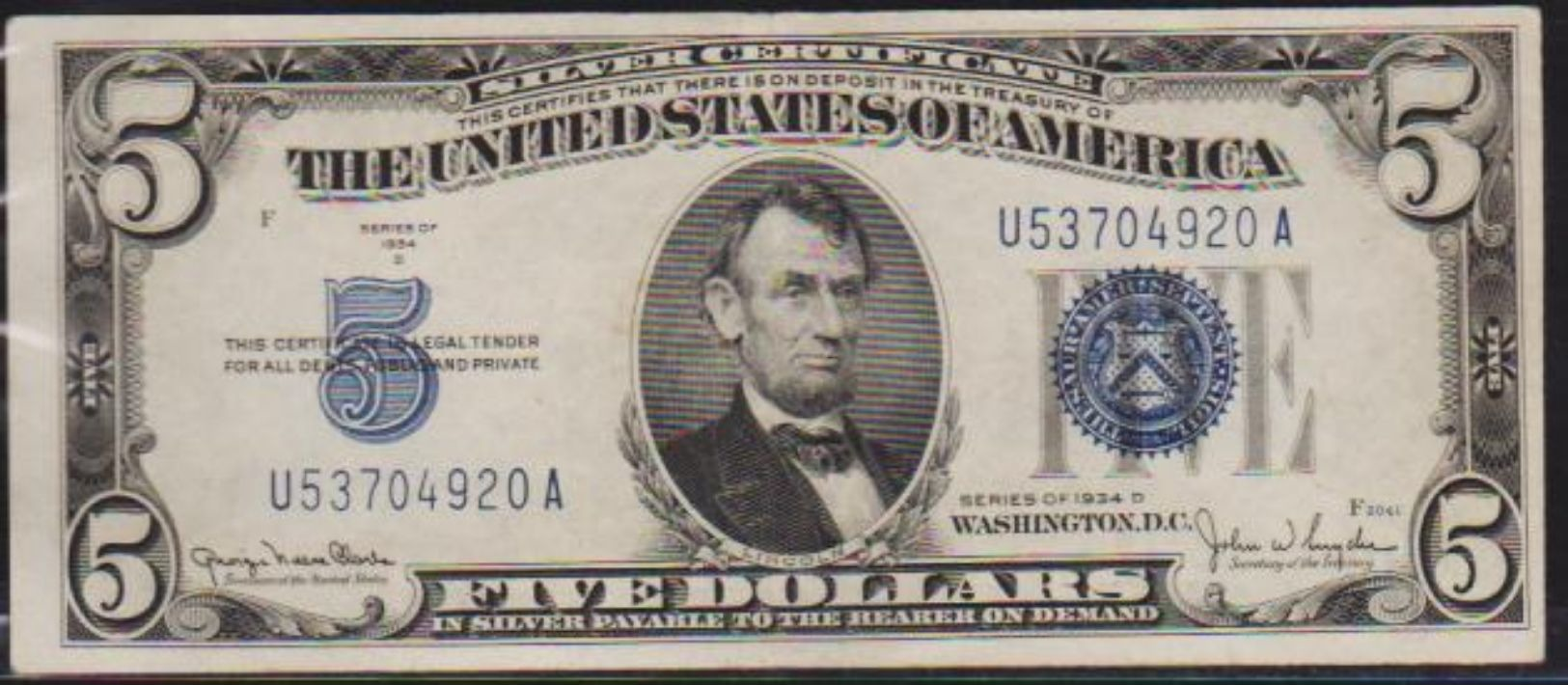 USD 1934D  LINCOLN $5. SILVER CERTIFICATE  NOTE. LN A CRISP HIGH GRADE.. - Silver Certificates (1928-1957)