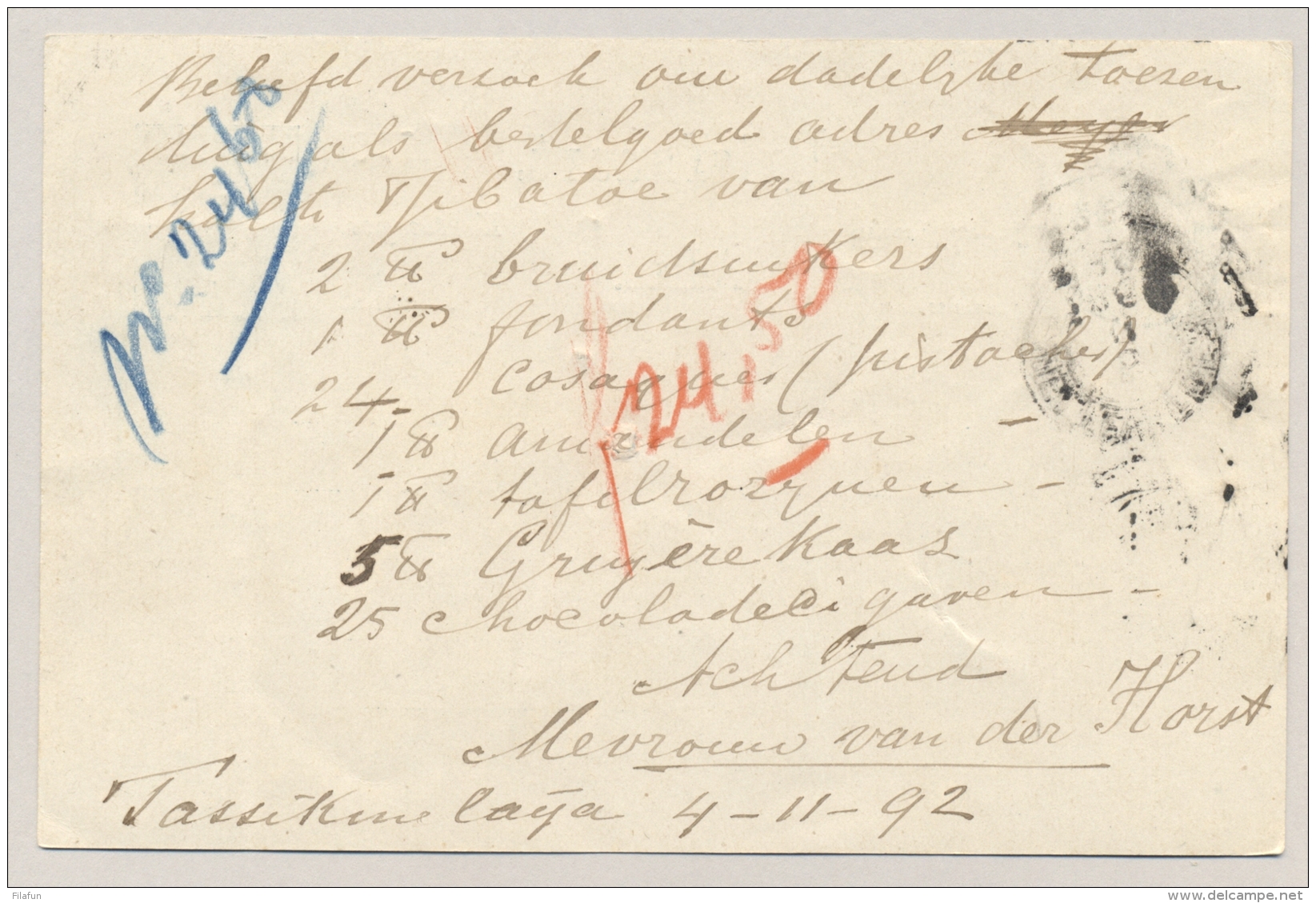 Nederlands Indië - 1892 - Langstempel TASIKMALAJA En KR GAROET Op Briefkaart Naar KR Weltevreden - Nederlands-Indië