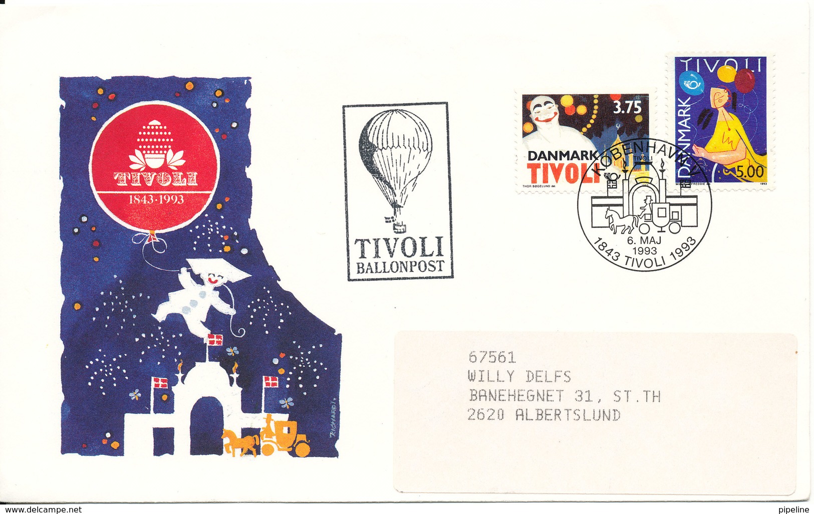 Denmark Ballonpost Tivoli 150th Anniversary 6-5-1993 With Cachet - Brieven En Documenten