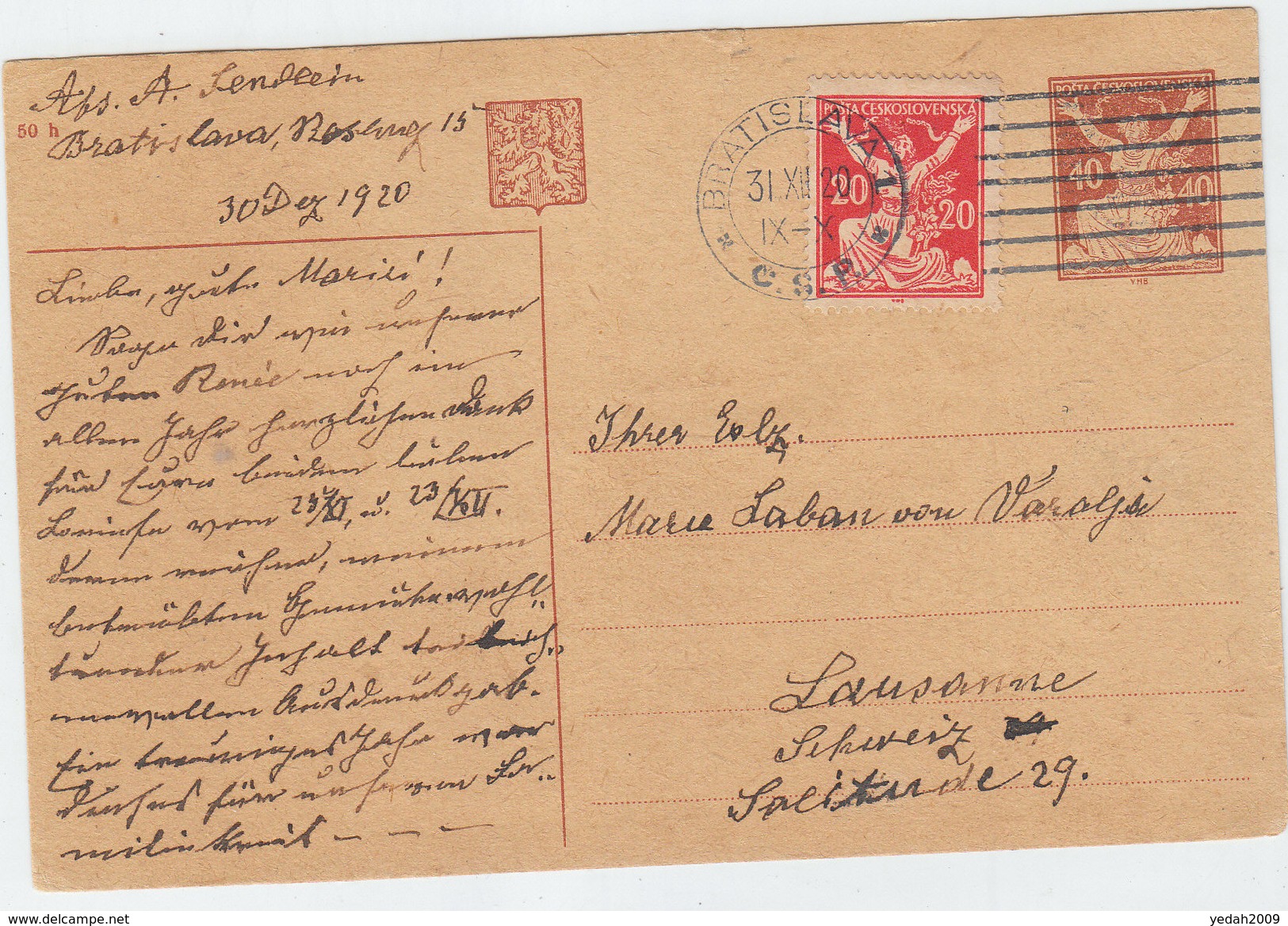 CZECHOSLOVAKIA POSTAL CARD 1920 - Sobres