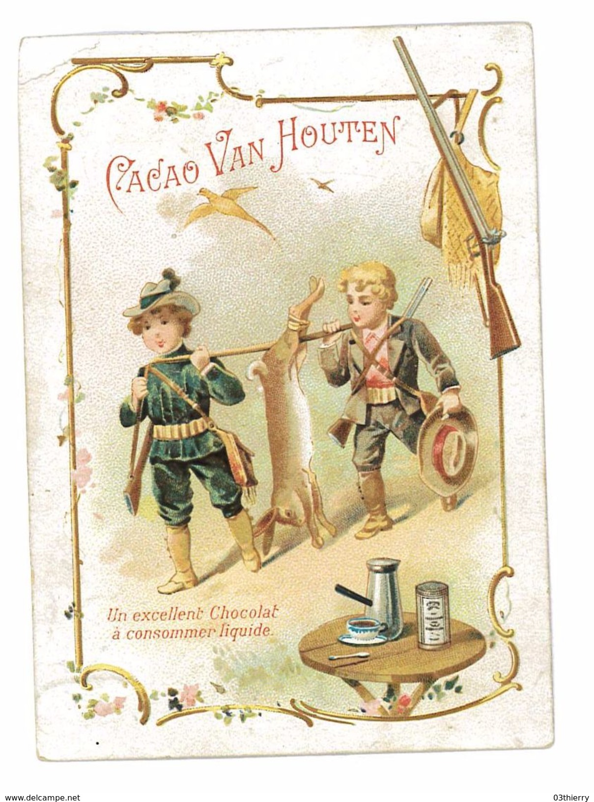 CHROMO IMAGE CACAO VAN HOUTEN ILLUSTRATION PETITS CHASSEURS ET GROS LIEVRE - Van Houten