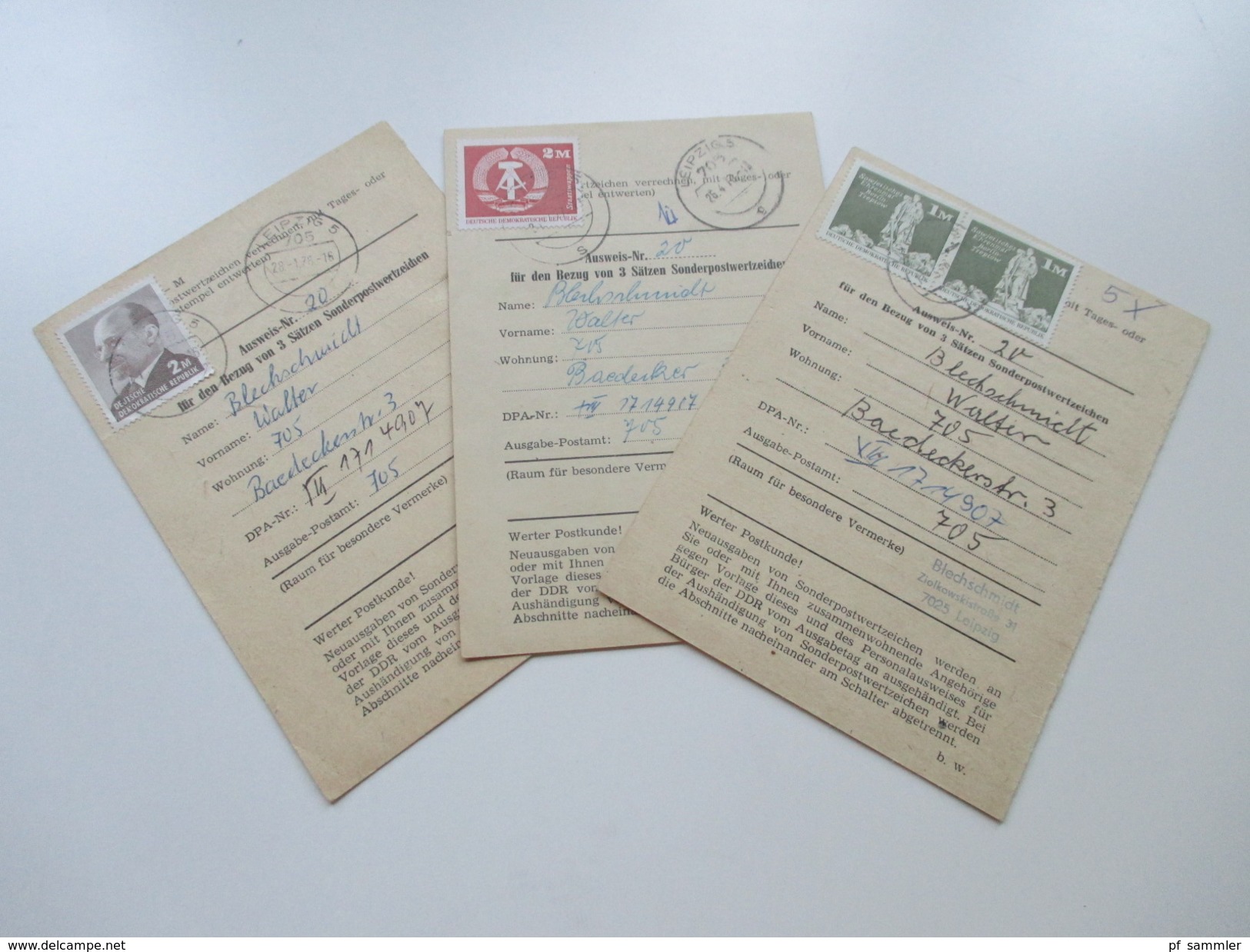 DDR Ausweis Für Den Bezug Von 3 Sätzen Sonderpostwertzeichen. 3 Stück Jeweils Frankiert Mit 2 Mark. Leipzig - Lettres & Documents