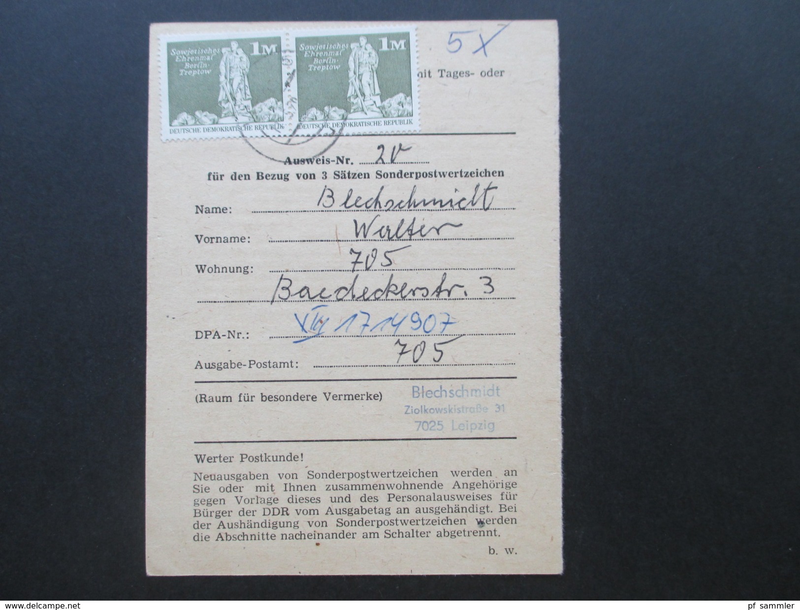 DDR Ausweis Für Den Bezug Von 3 Sätzen Sonderpostwertzeichen. 3 Stück Jeweils Frankiert Mit 2 Mark. Leipzig - Cartas & Documentos