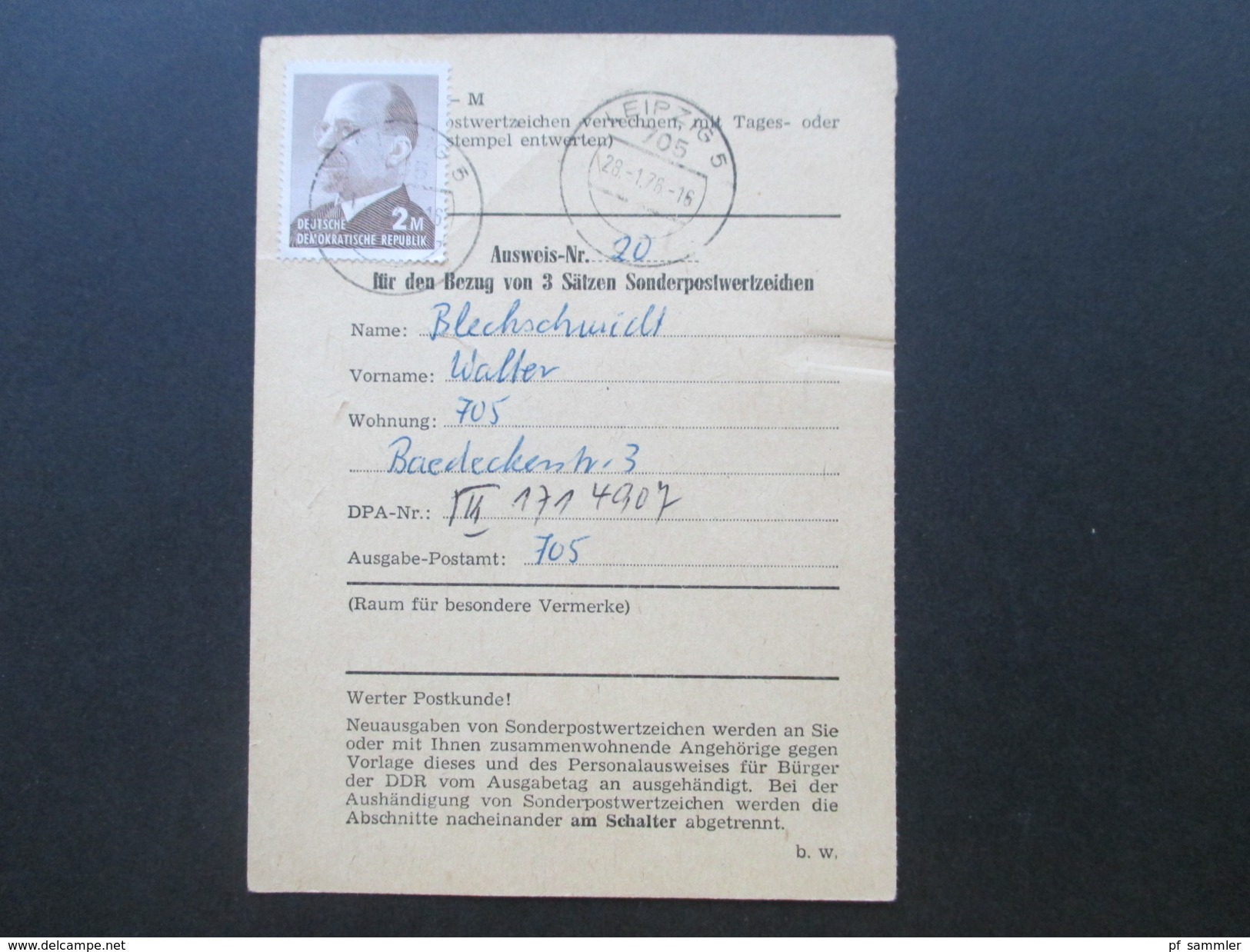DDR Ausweis Für Den Bezug Von 3 Sätzen Sonderpostwertzeichen. 3 Stück Jeweils Frankiert Mit 2 Mark. Leipzig - Covers & Documents