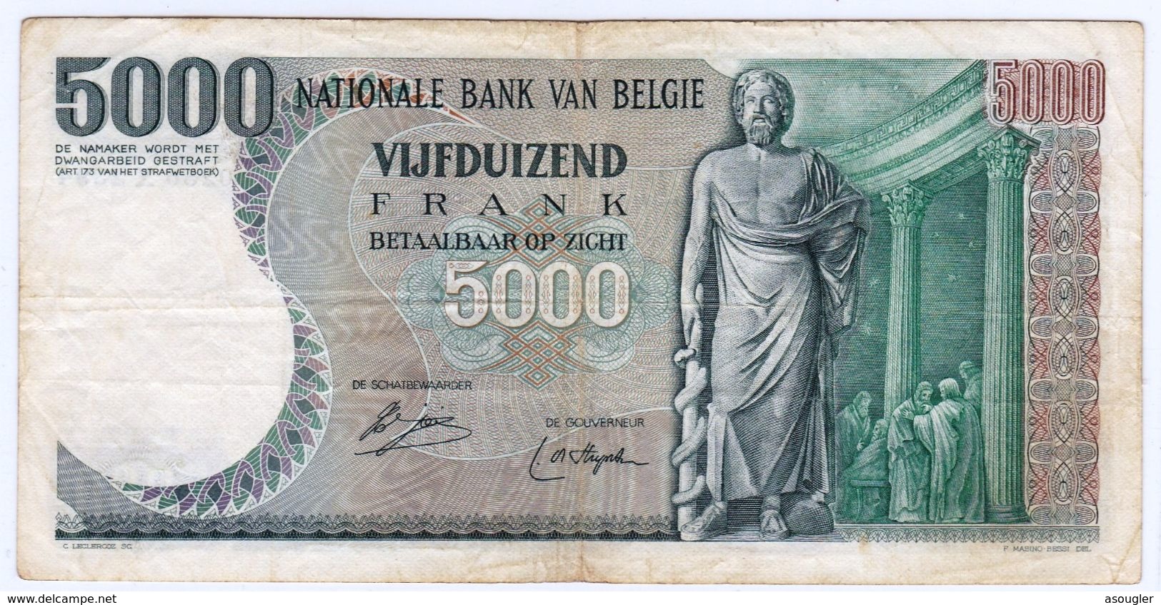 BELGIUM 5000 Francs ND 1977 F- FV P-137a  (free Shipping Via Registered  Air Mail) - 5000 Francs