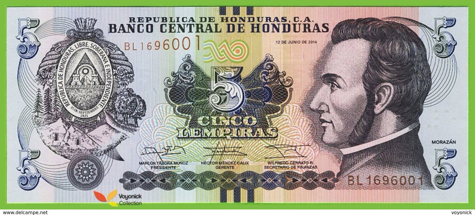 Voyo HONDURAS 5 Lempiras 2014 P99/NEW  Prefix BL UNC - Honduras