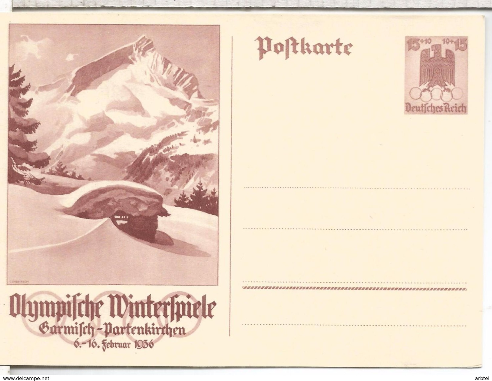 ALEMANIA REICH ENTERO POSTAL JUEGOS OLIMPICOS DE INVIERNO GARMISCH PARTENKIRCHEN - Hiver 1936: Garmisch-Partenkirchen