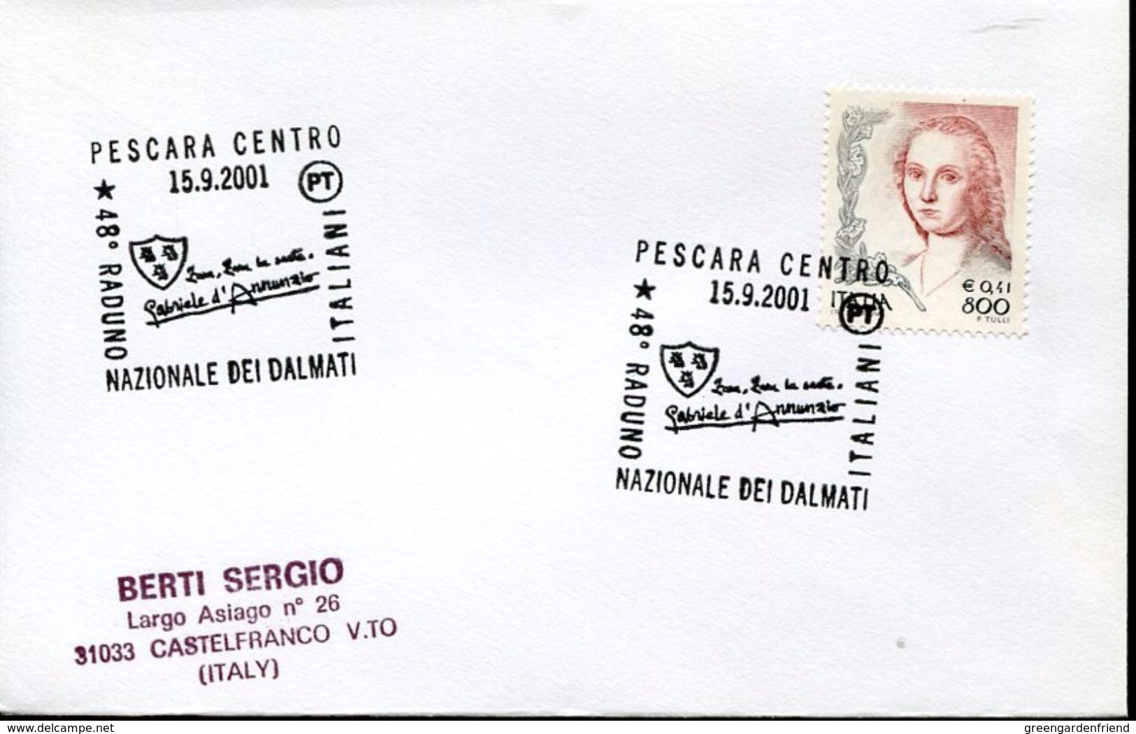 23742 Italia  Special Postmark 2001 Pescara, Gabriele D'annunzio, Raduno Nazionale Dei Dalmati - Altri & Non Classificati