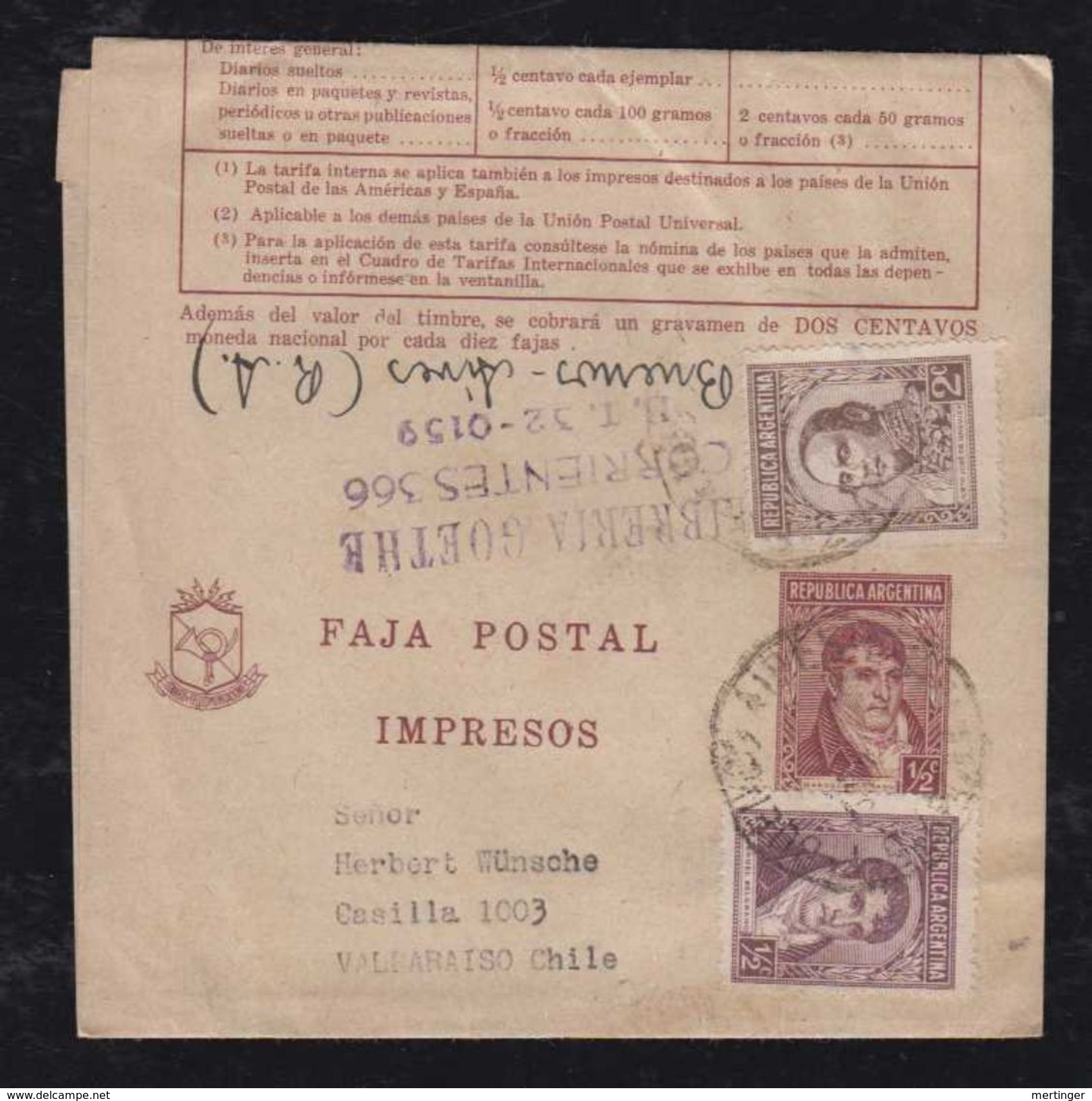 Argentina 1935 Wrapper Stationery Uprated To CHILE - Covers & Documents