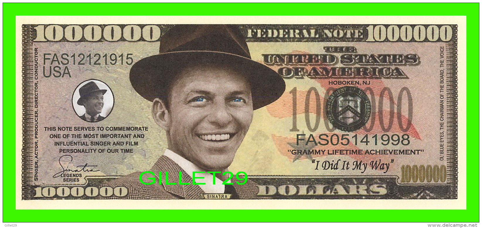 BILLETS , ONE MILLION DOLLARS - FRANK SINATRA  - UNITED STATES OF AMERICA - - Autres & Non Classés