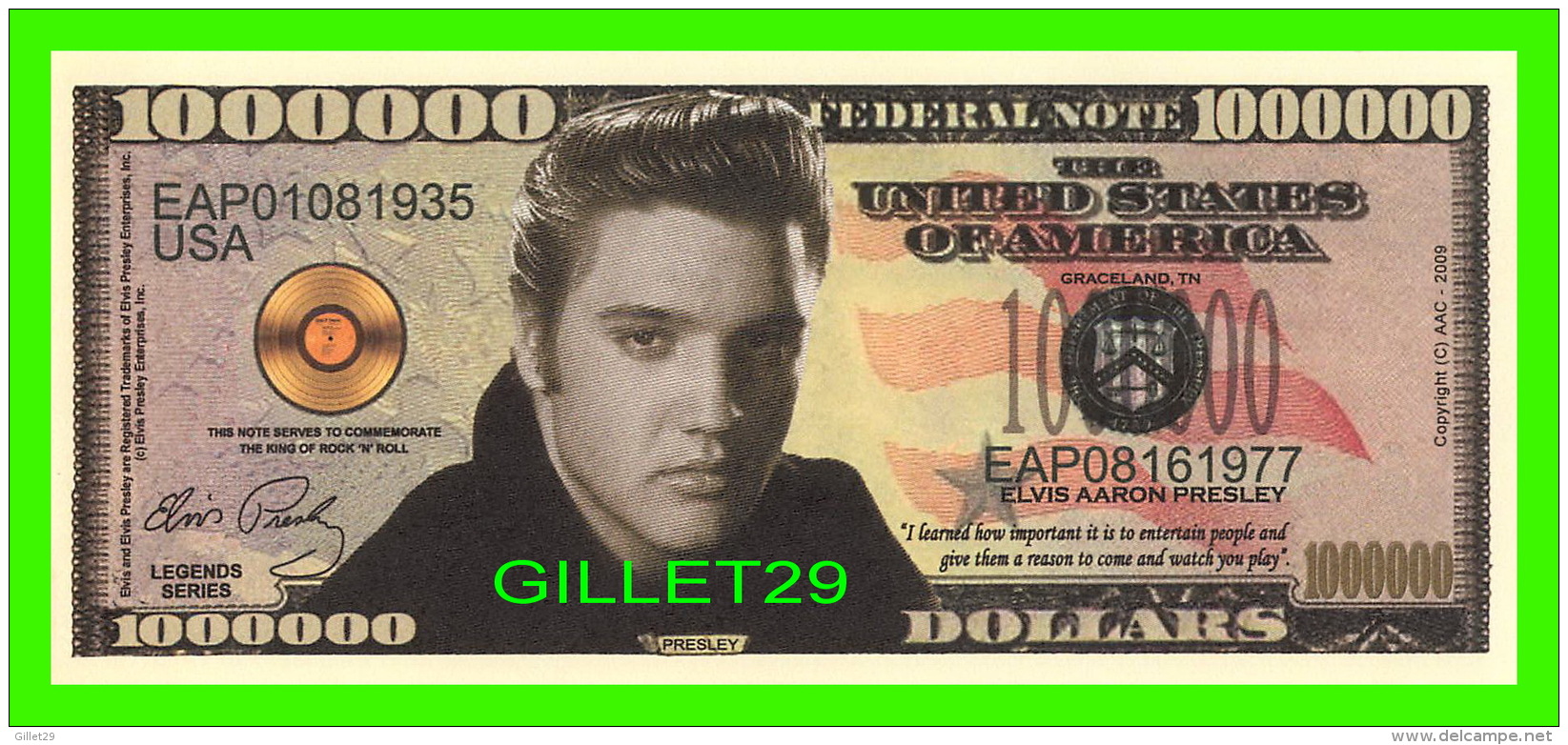 BILLETS , ONE MILLION DOLLARS - ELVIS PRESLEY - UNITED STATES OF AMERICA - - Autres & Non Classés