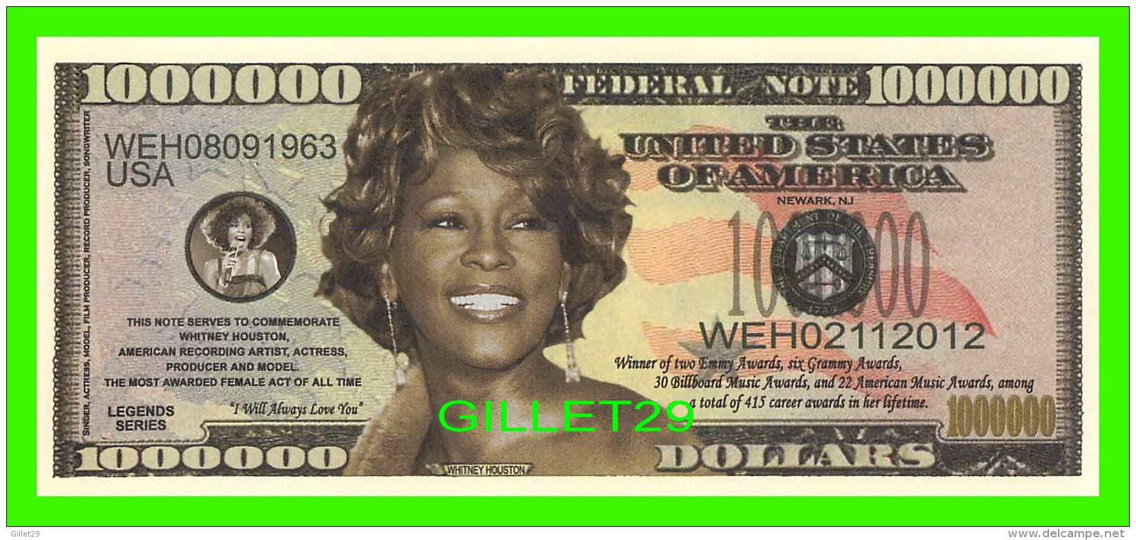 BILLETS , ONE MILLION DOLLARS - WHITNEY HOUSTON - UNITED STATES OF AMERICA - - Autres & Non Classés