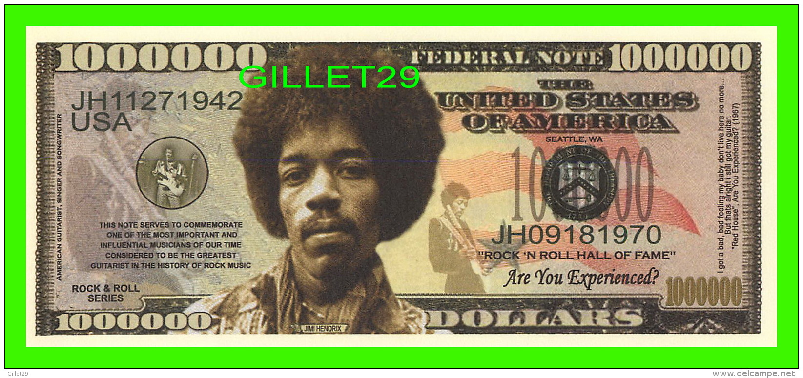 BILLETS , ONE MILLION DOLLARS - JIM HENDRIX - UNITED STATES OF AMERICA - - Autres & Non Classés