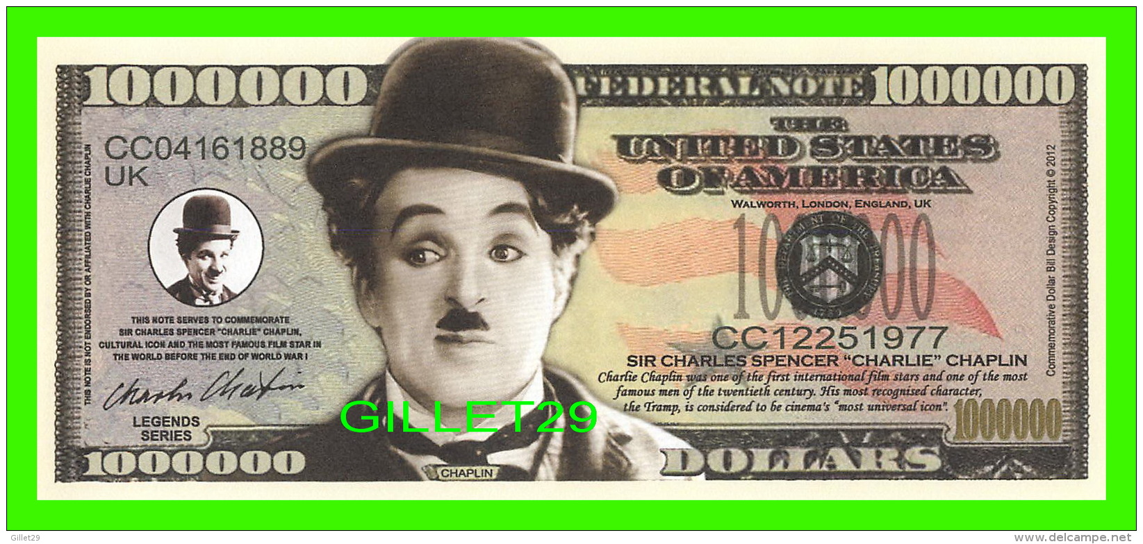 BILLETS , ONE MILLION DOLLARS - SIR CHARLES SPENCER "CHARLIE" CHAPLIN  - UNITED STATES OF AMERICA - - Autres & Non Classés