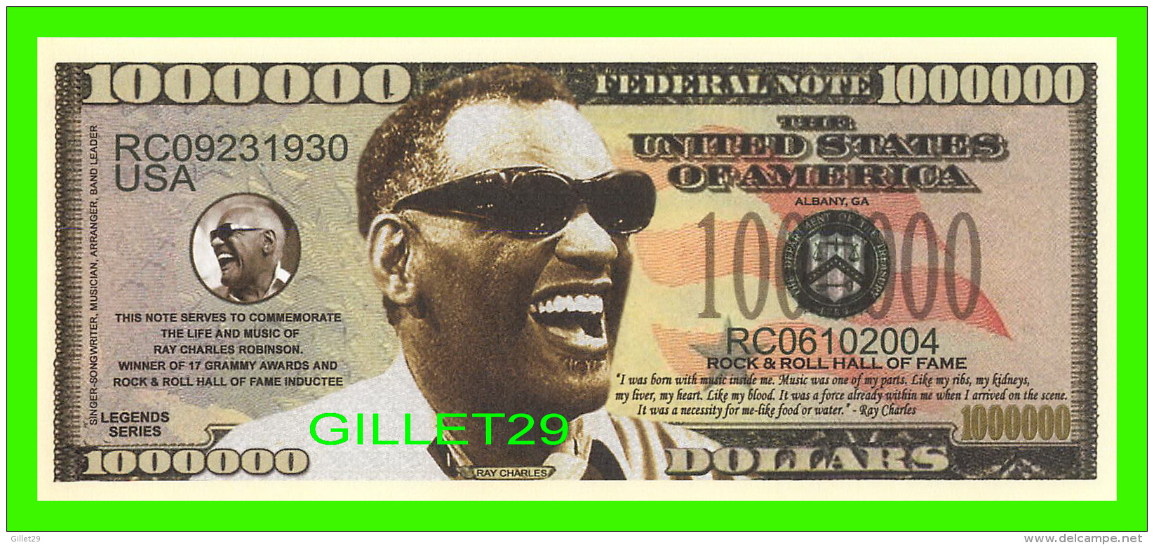 BILLETS , ONE MILLION DOLLARS - RAY CHARLES, ROCK &amp; ROLL HALL OF FAME  - UNITED STATES OF AMERICA - - Autres & Non Classés